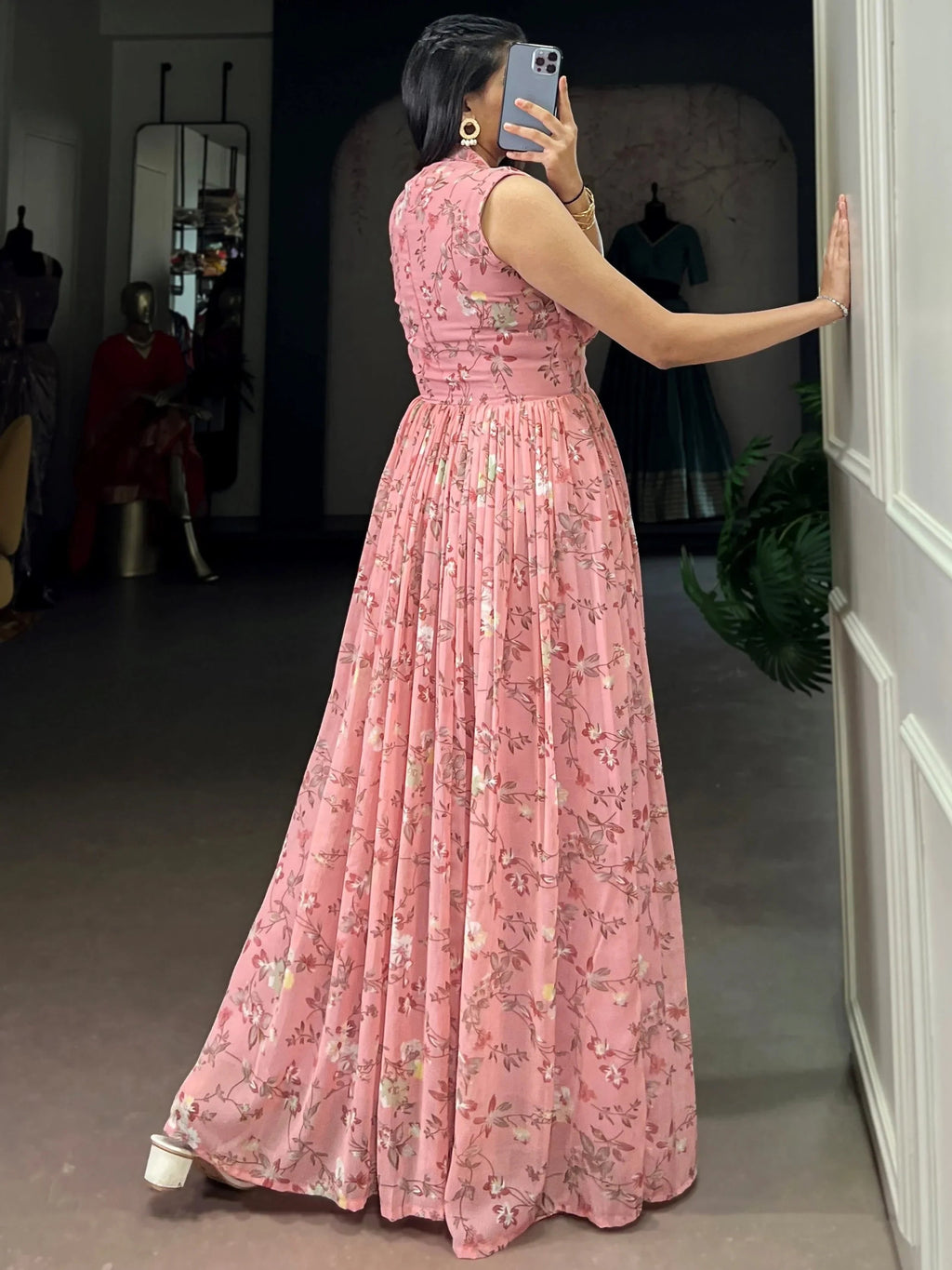 Pink Graceful Floral Printed Georgette Casual Party Wear Dress