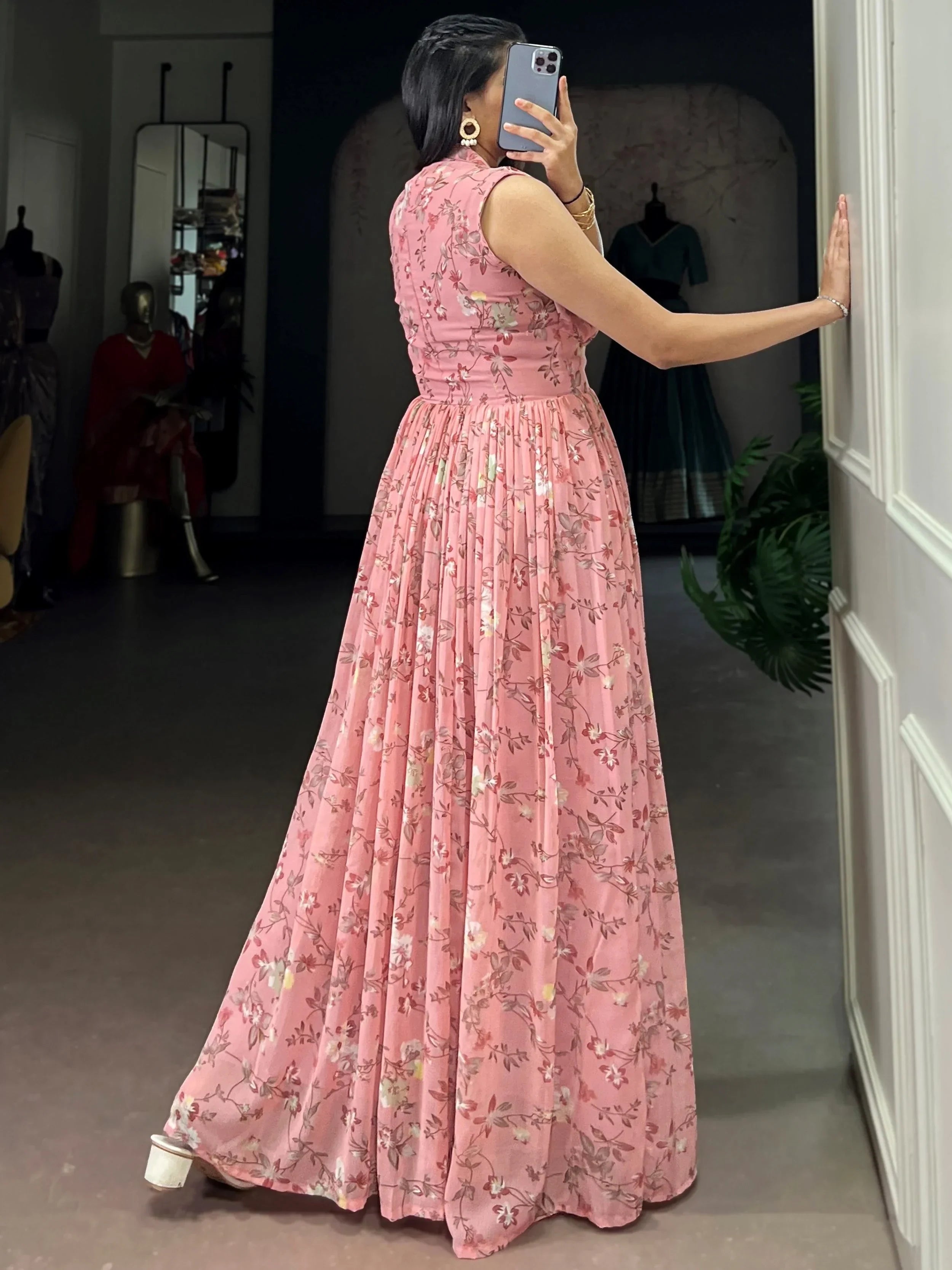 Pink Graceful Floral Printed Georgette Casual Party Wear Dress