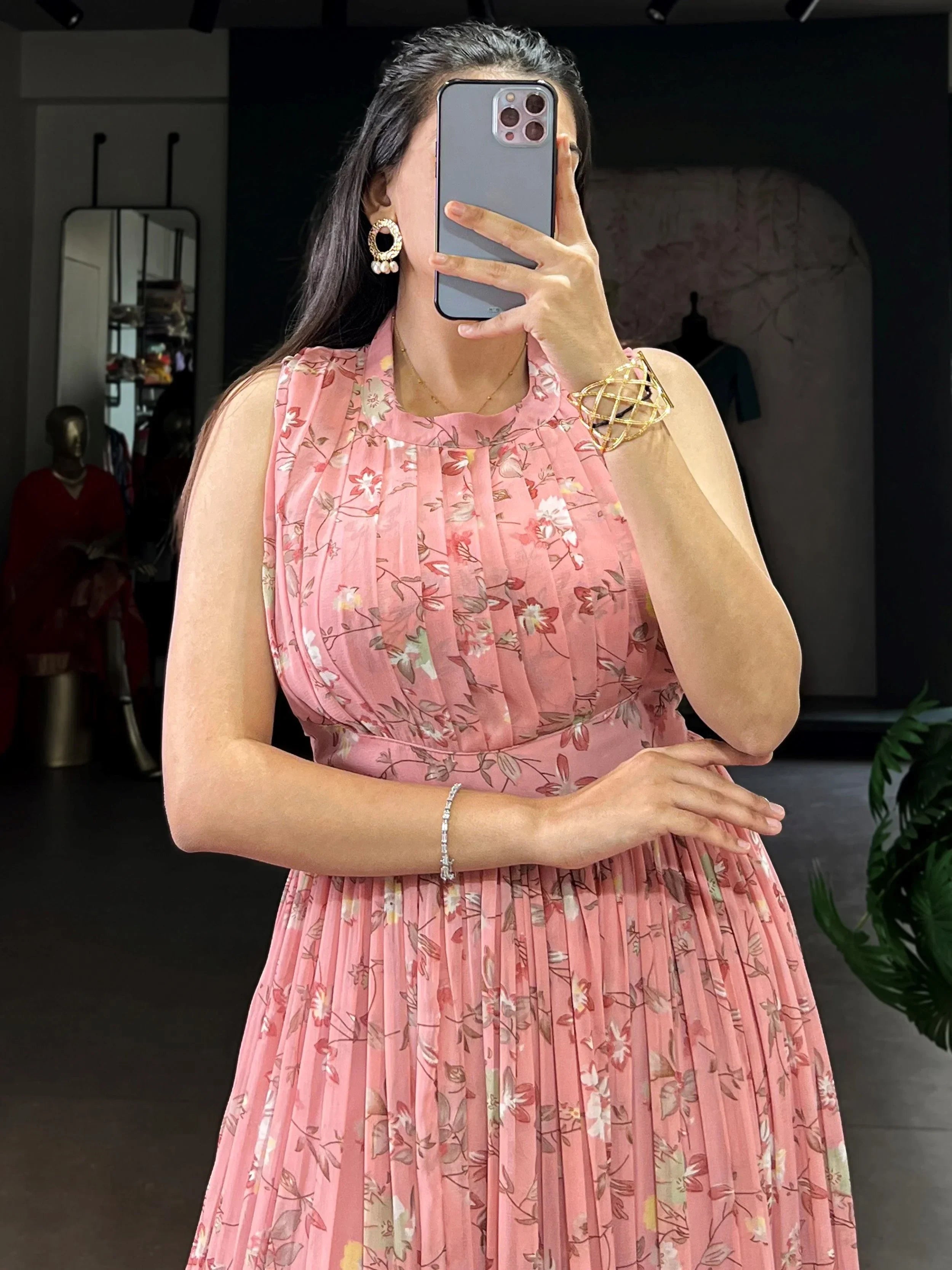 Pink Graceful Floral Printed Georgette Casual Party Wear Dress