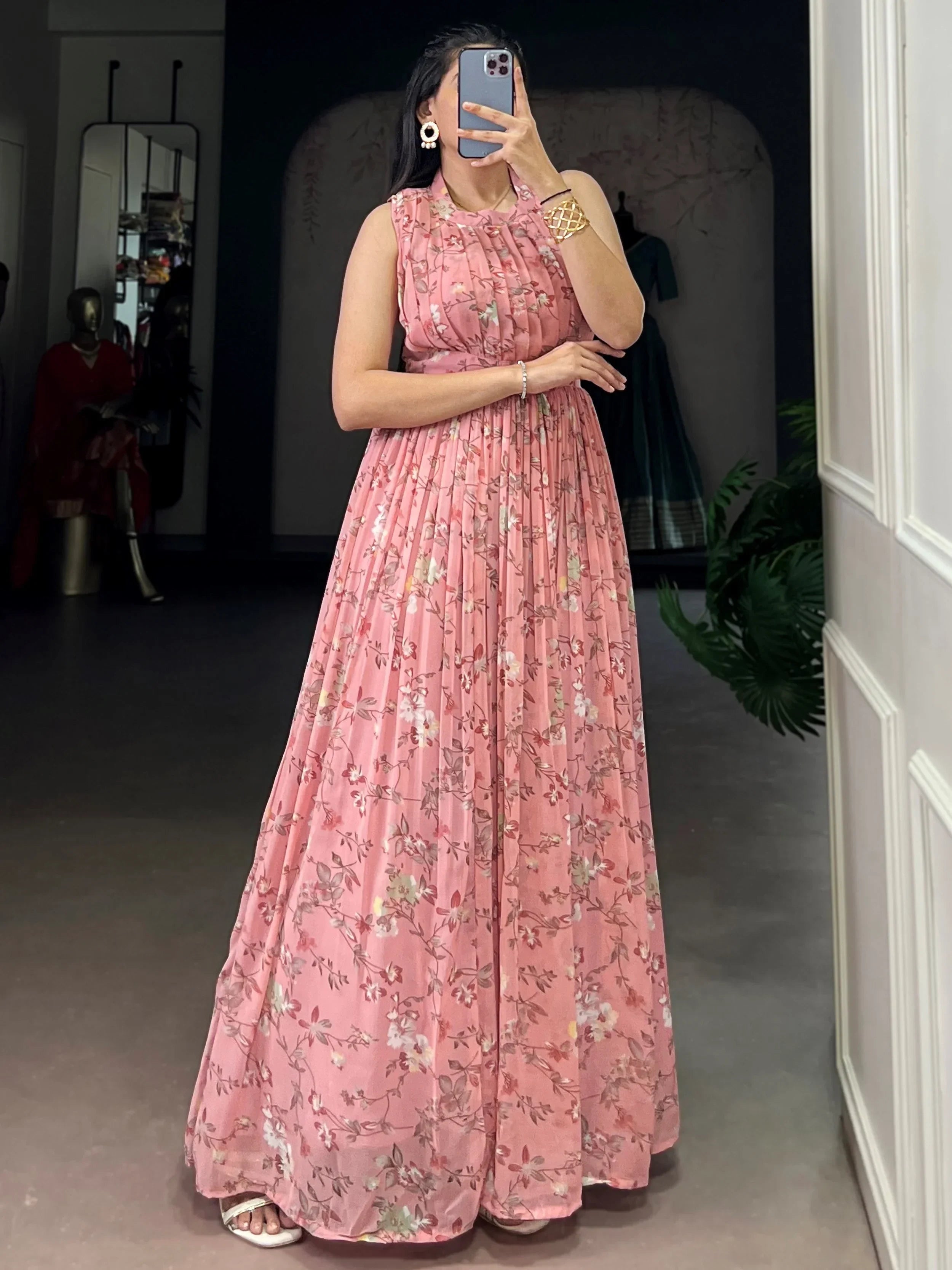 Pink Graceful Floral Printed Georgette Casual Party Wear Dress