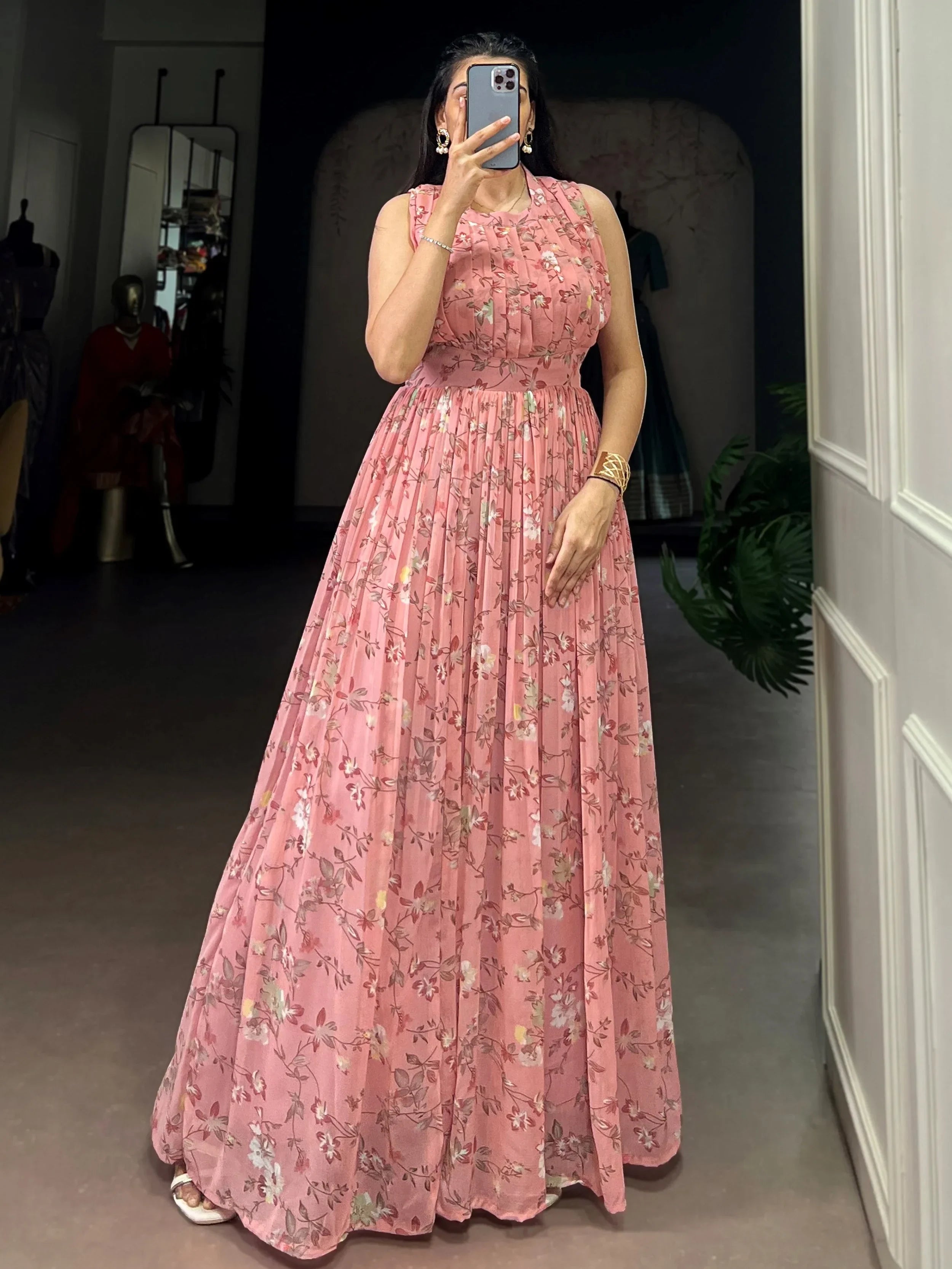 Pink Graceful Floral Printed Georgette Casual Party Wear Dress