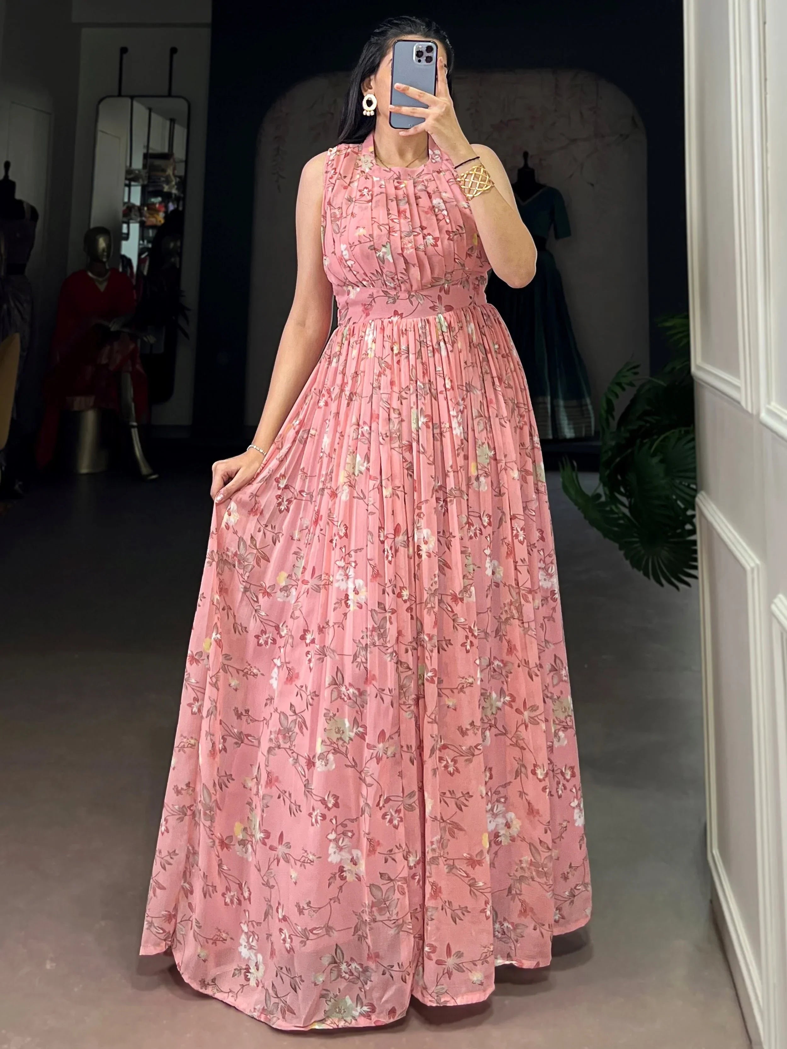 Pink Graceful Floral Printed Georgette Casual Party Wear Dress
