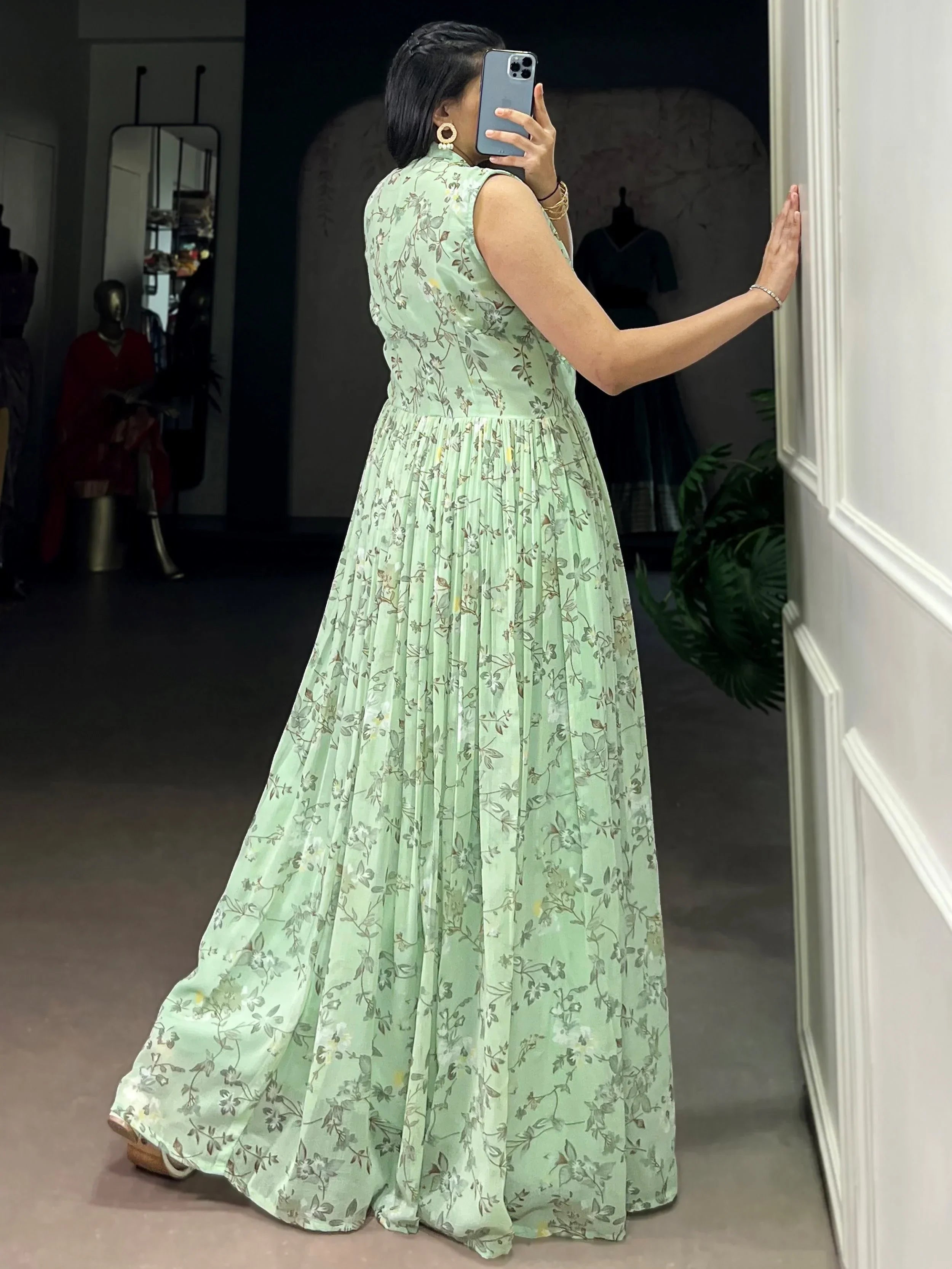Green Graceful Floral Printed Georgette Casual Party Wear Dress