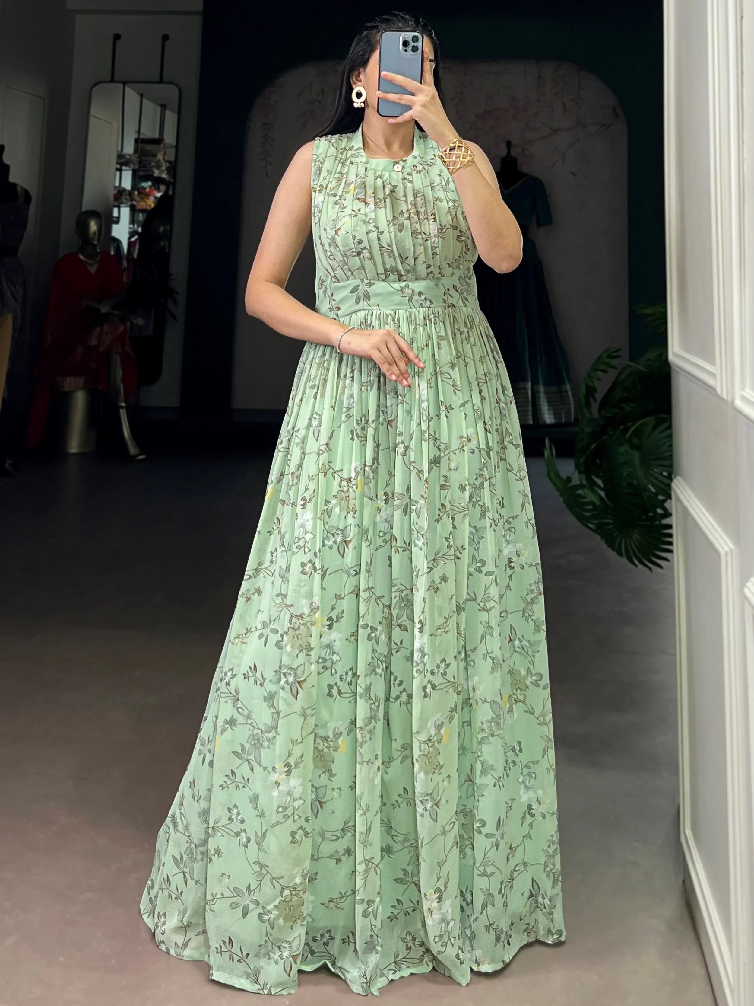 Green Graceful Floral Printed Georgette Casual Party Wear Dress