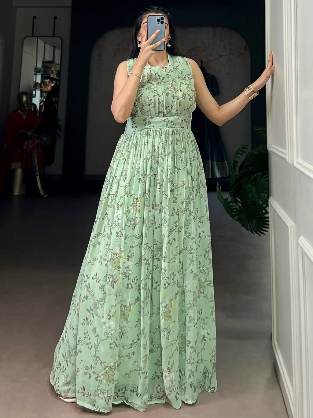Green Graceful Floral Printed Georgette Casual Party Wear Dress