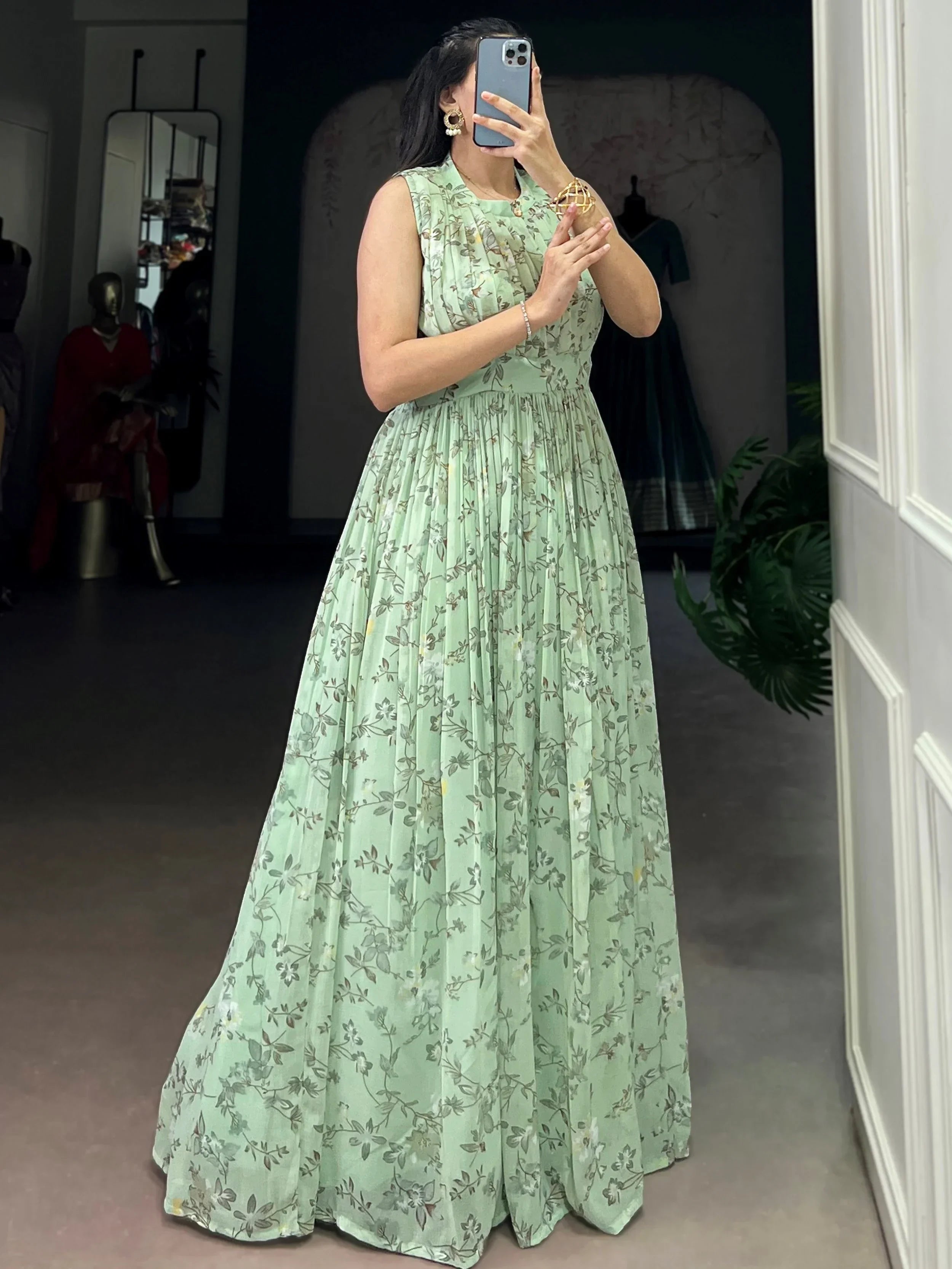 Green Graceful Floral Printed Georgette Casual Party Wear Dress