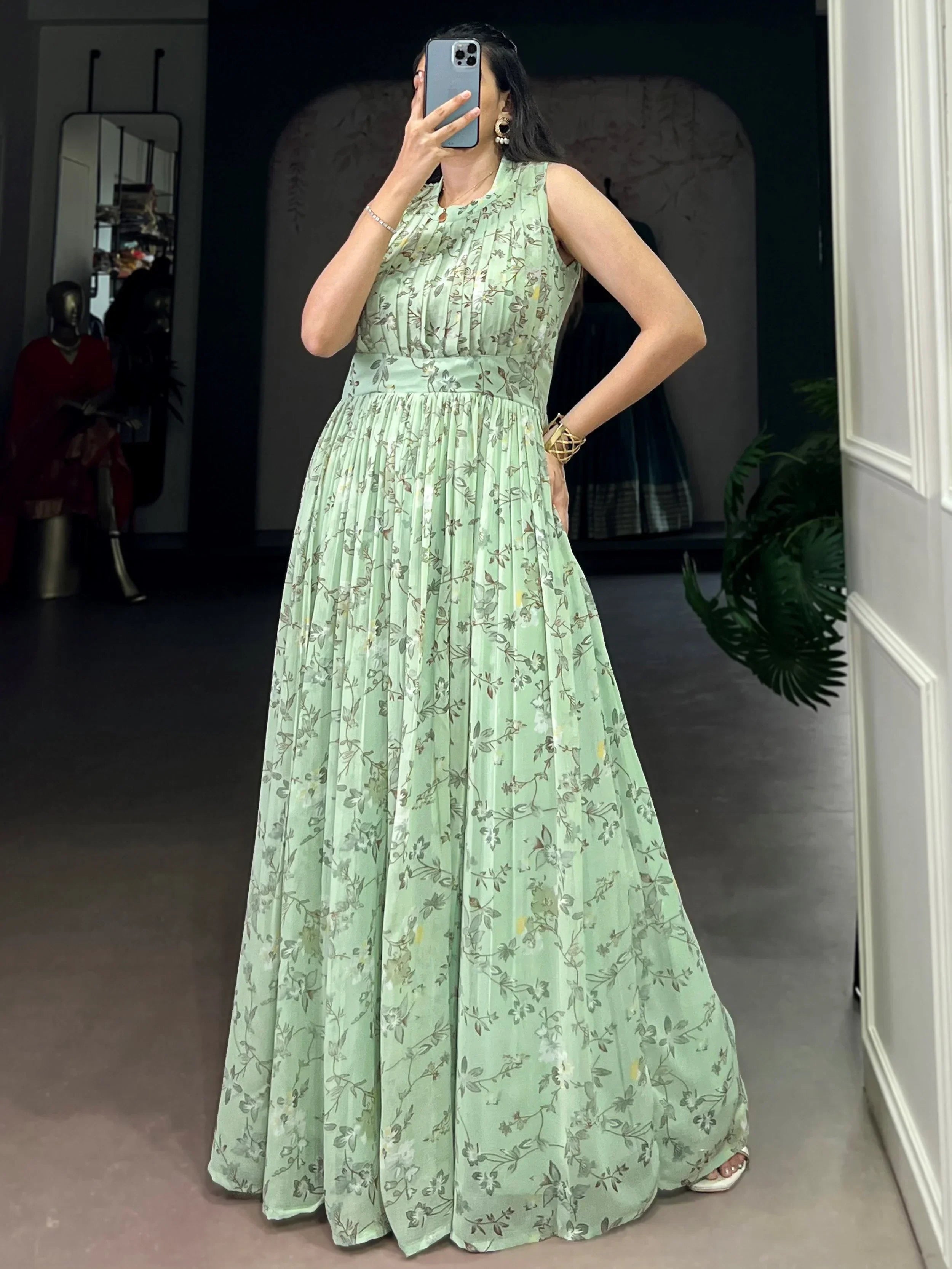 Green Graceful Floral Printed Georgette Casual Party Wear Dress