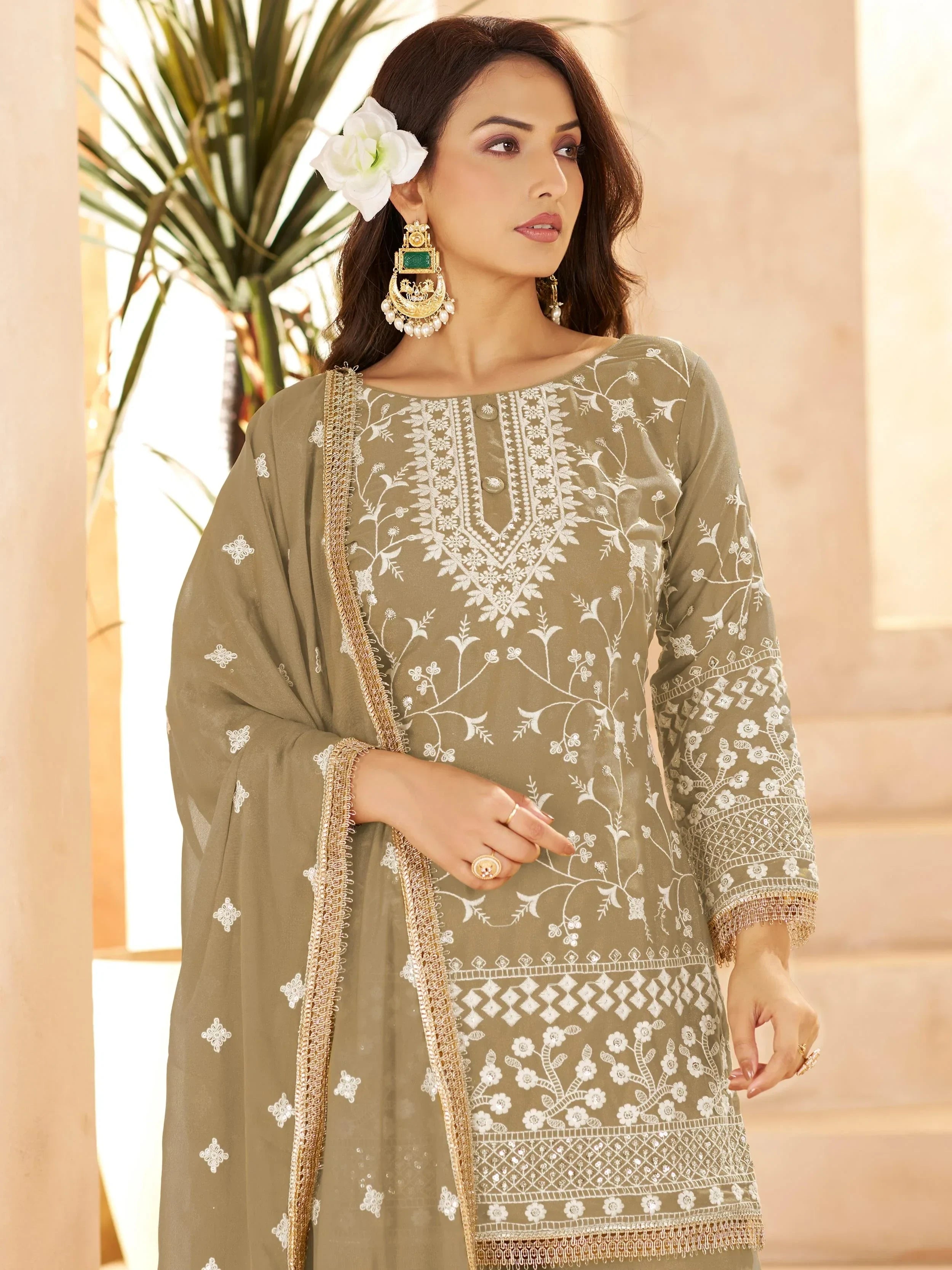 Glowing Green Embroidered Georgette Function Wear Palazzo Suit