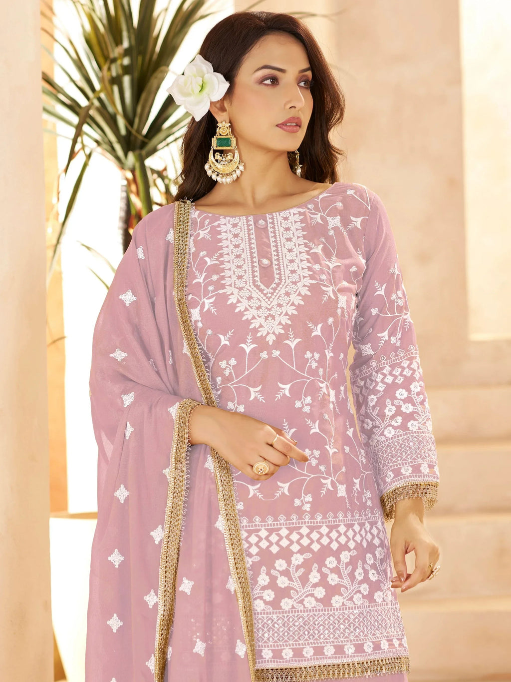 Sparkling Pink Embroidered Georgette Festival Wear Palazzo Suit