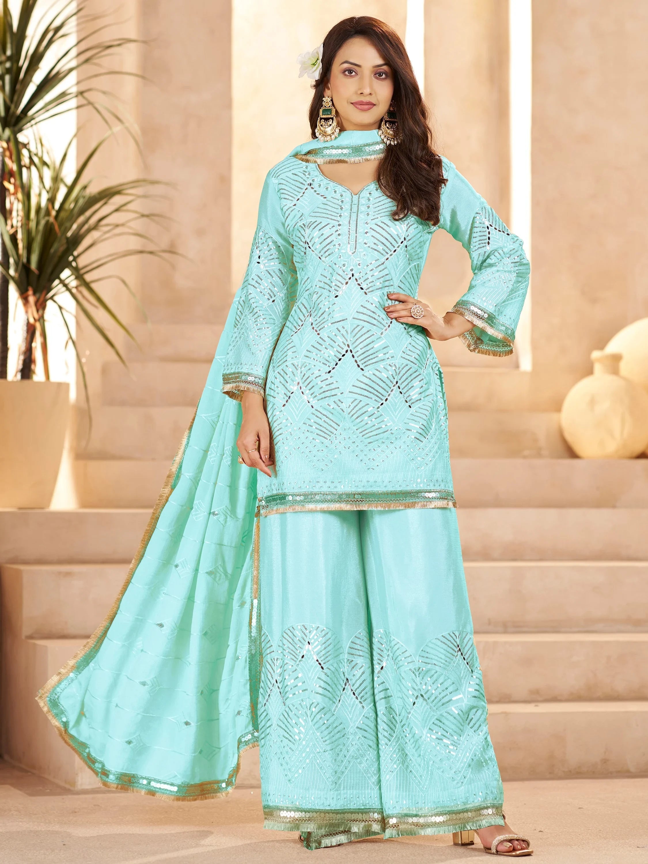 Enchanting Sky-Blue Mirror Work Chinon Traditional Palazzo Suit