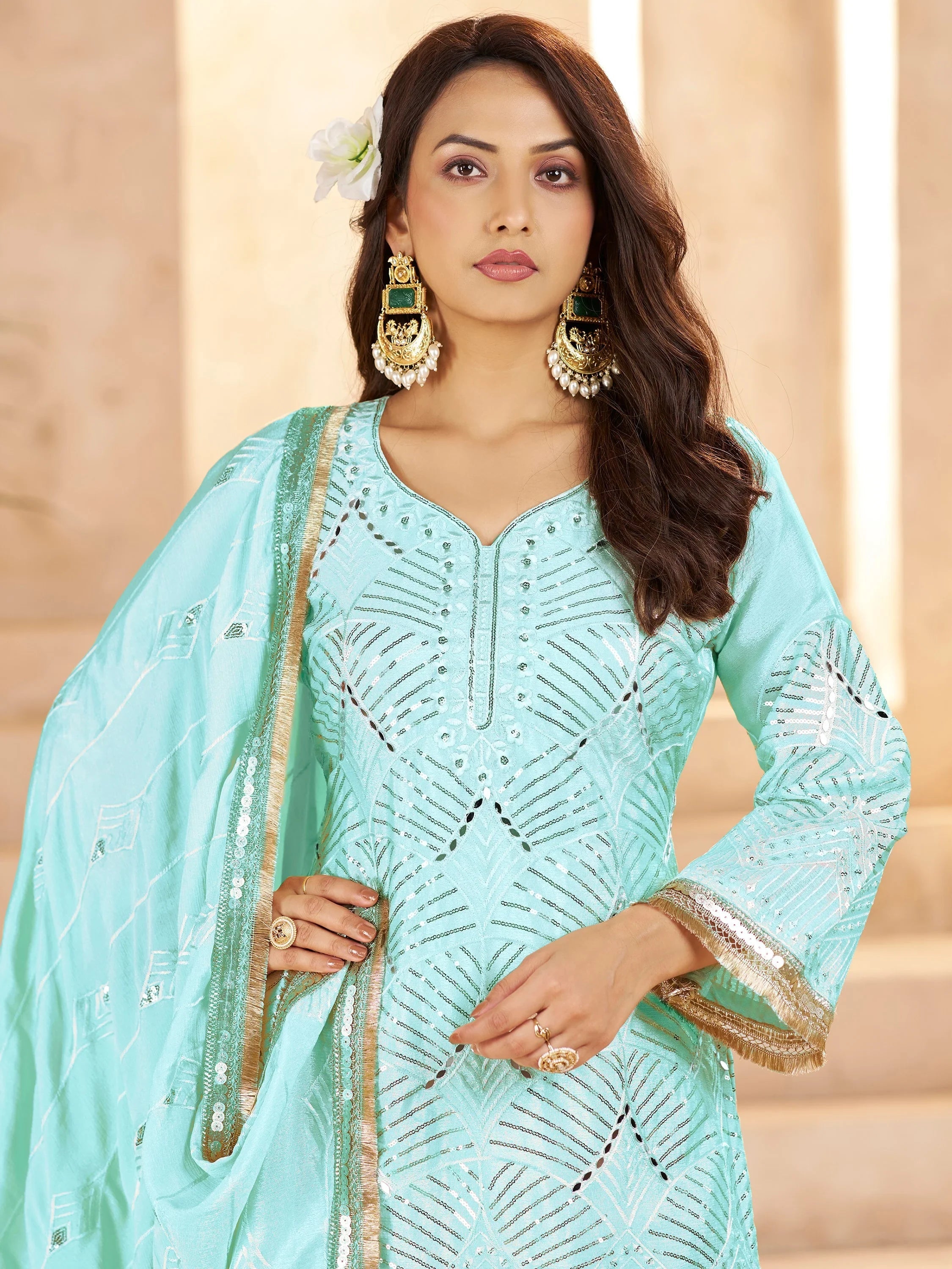 Enchanting Sky-Blue Mirror Work Chinon Traditional Palazzo Suit