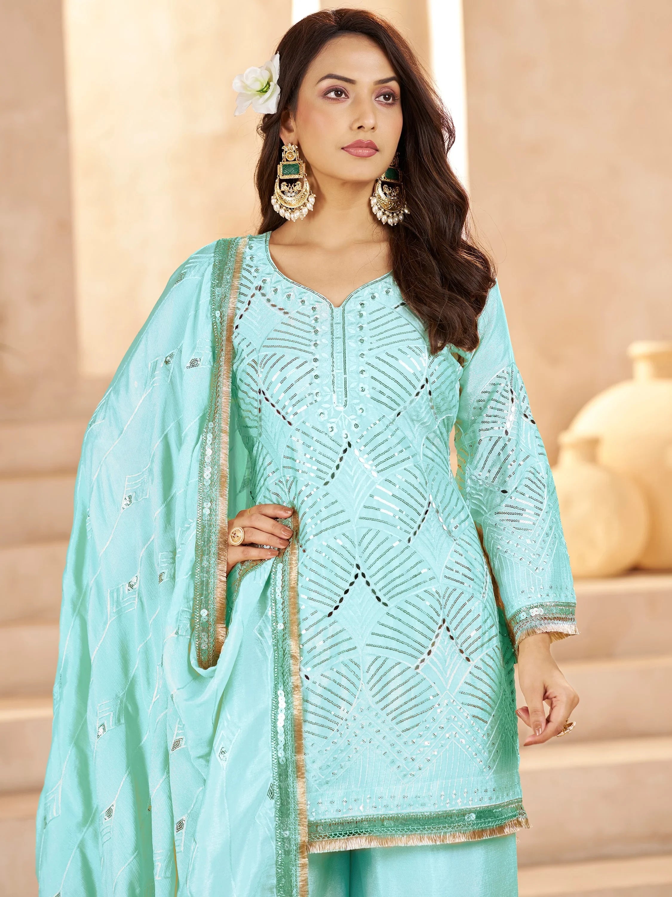 Enchanting Sky-Blue Mirror Work Chinon Traditional Palazzo Suit