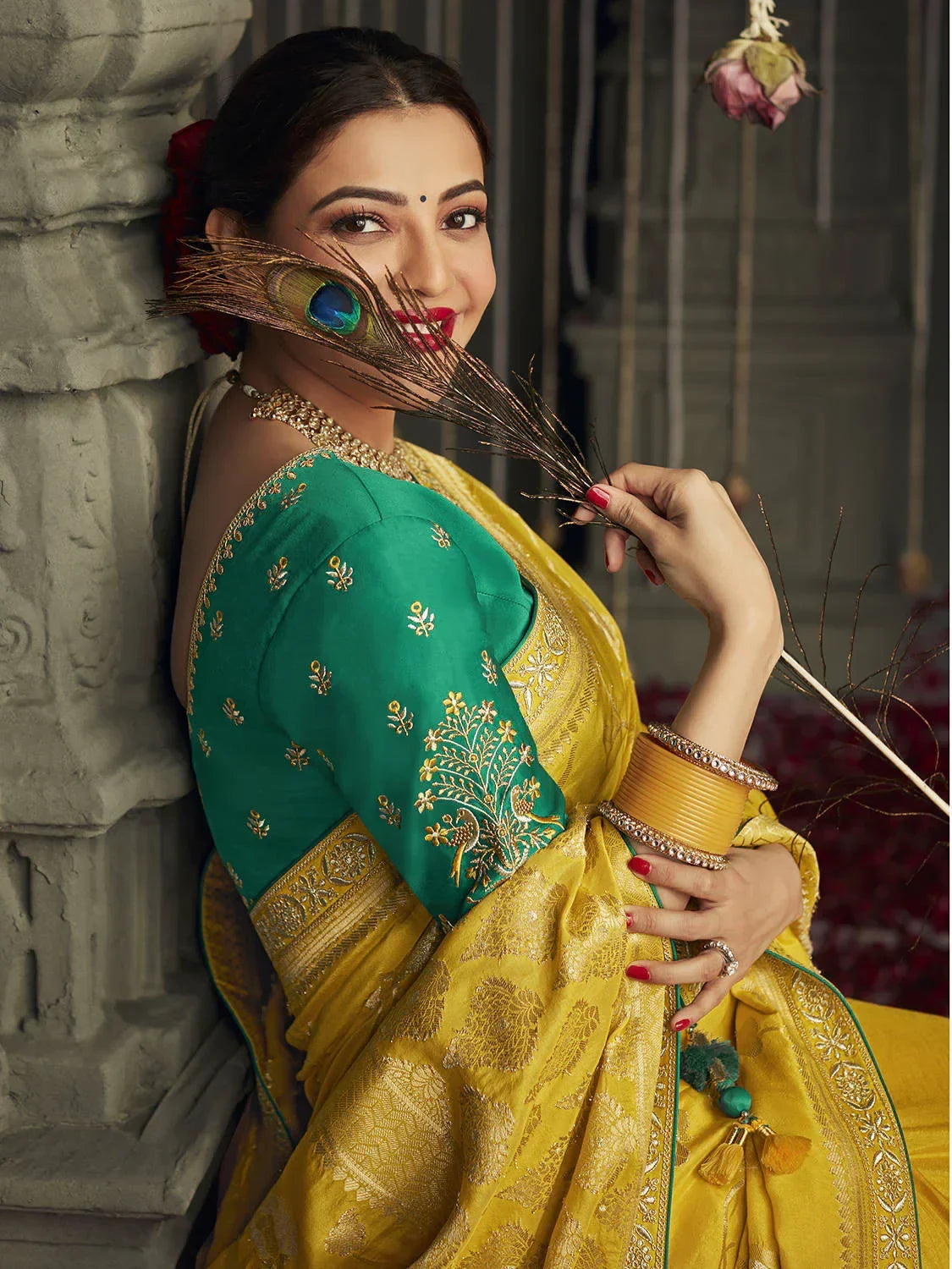 Dazzling Yellow Silk Zari Weaving Function Wear Saree With Blouse