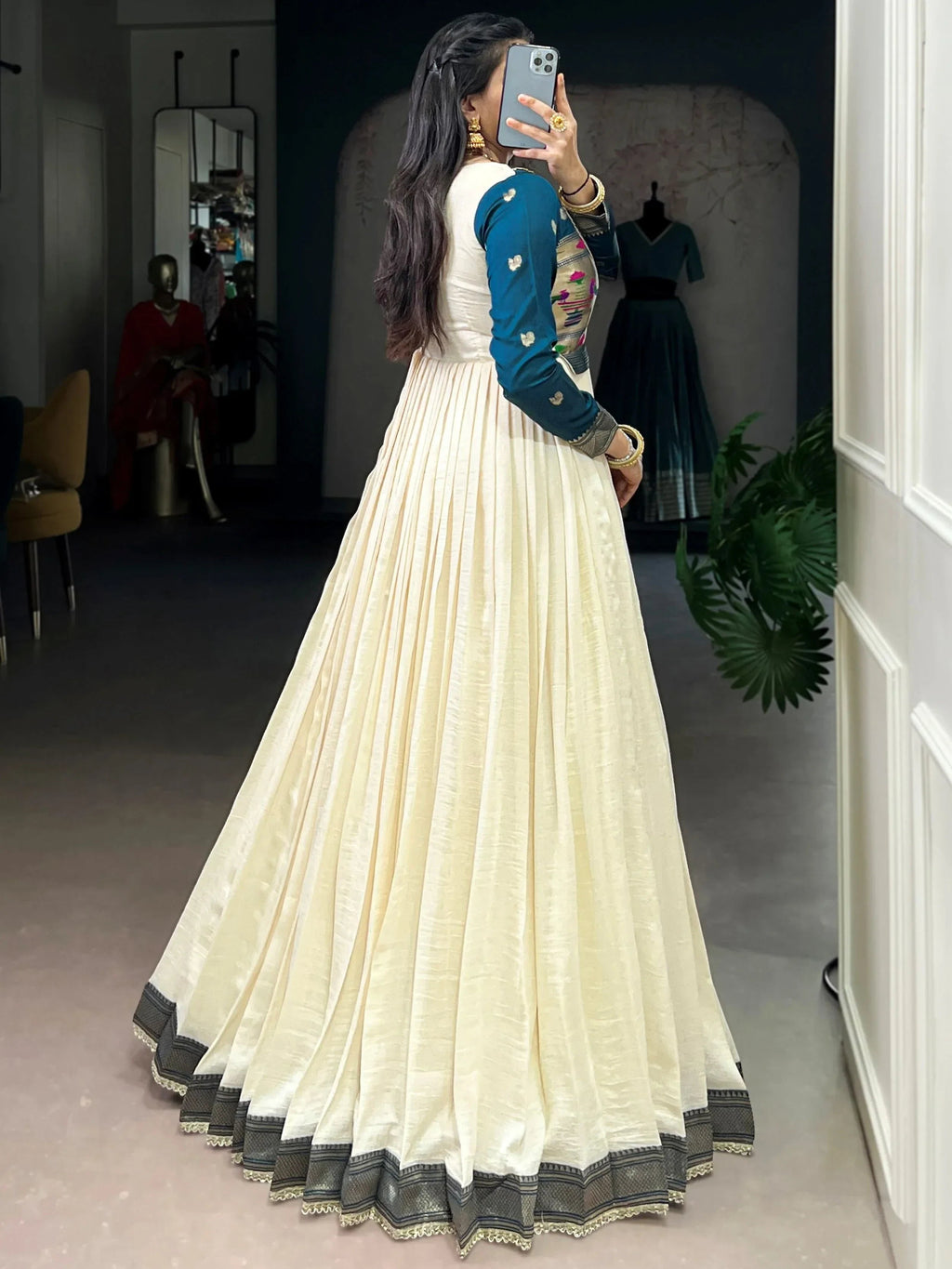 Off White Graceful Off-Zari Weaving Silk Festival Wear Gown