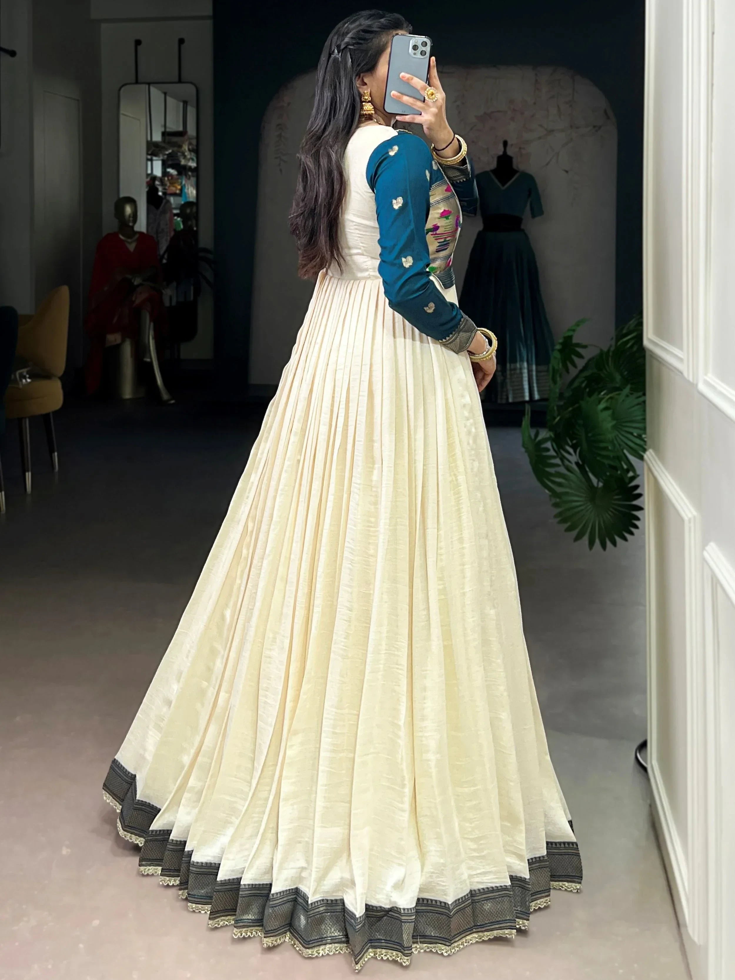 Off White Graceful Off-Zari Weaving Silk Festival Wear Gown