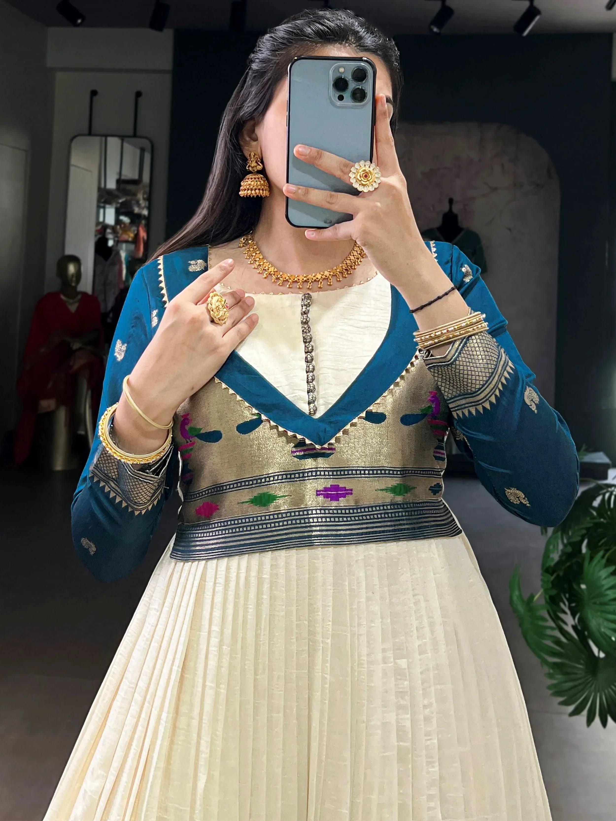 Off White Graceful Off-Zari Weaving Silk Festival Wear Gown