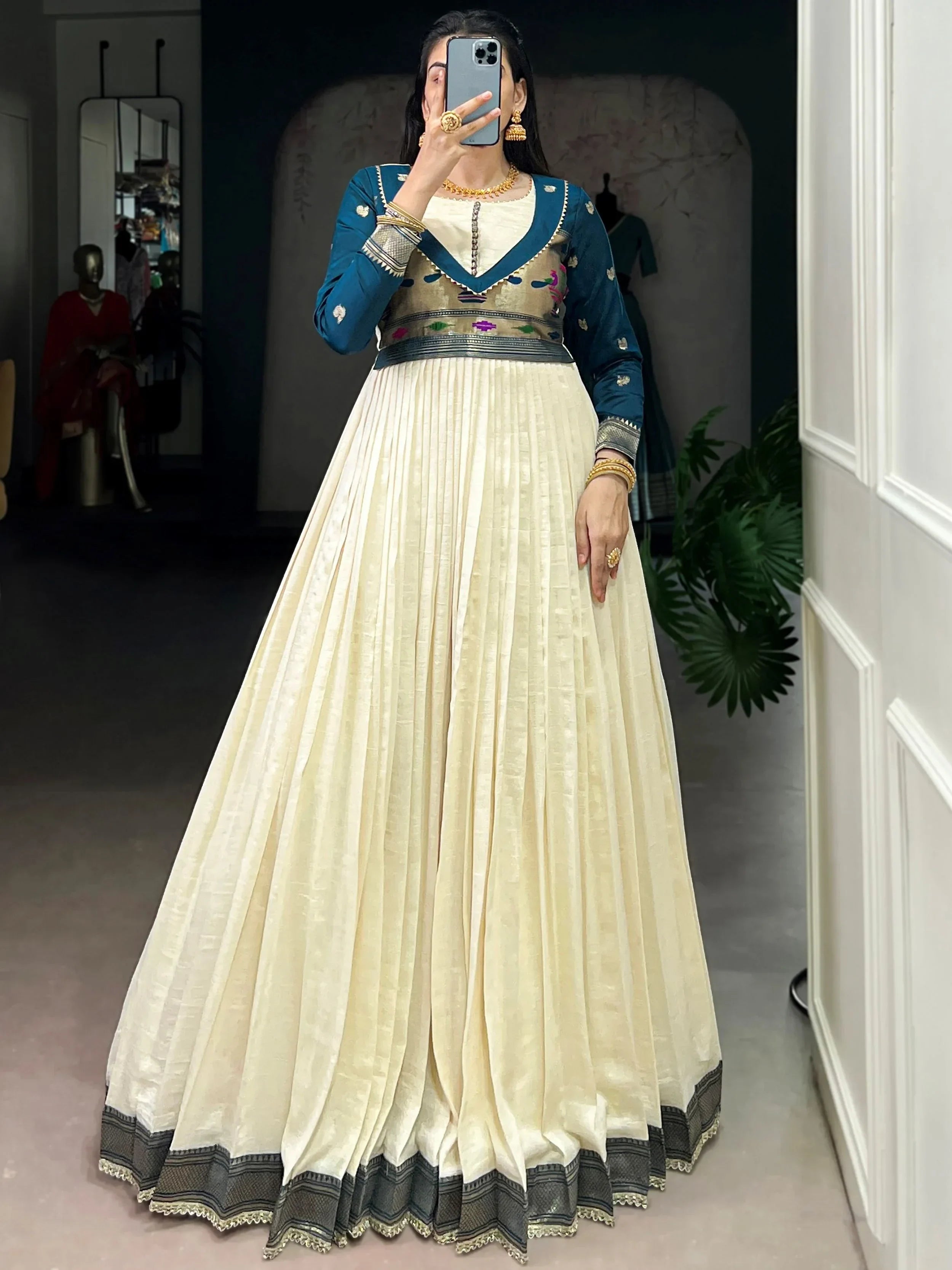 Off White Graceful Off-Zari Weaving Silk Festival Wear Gown