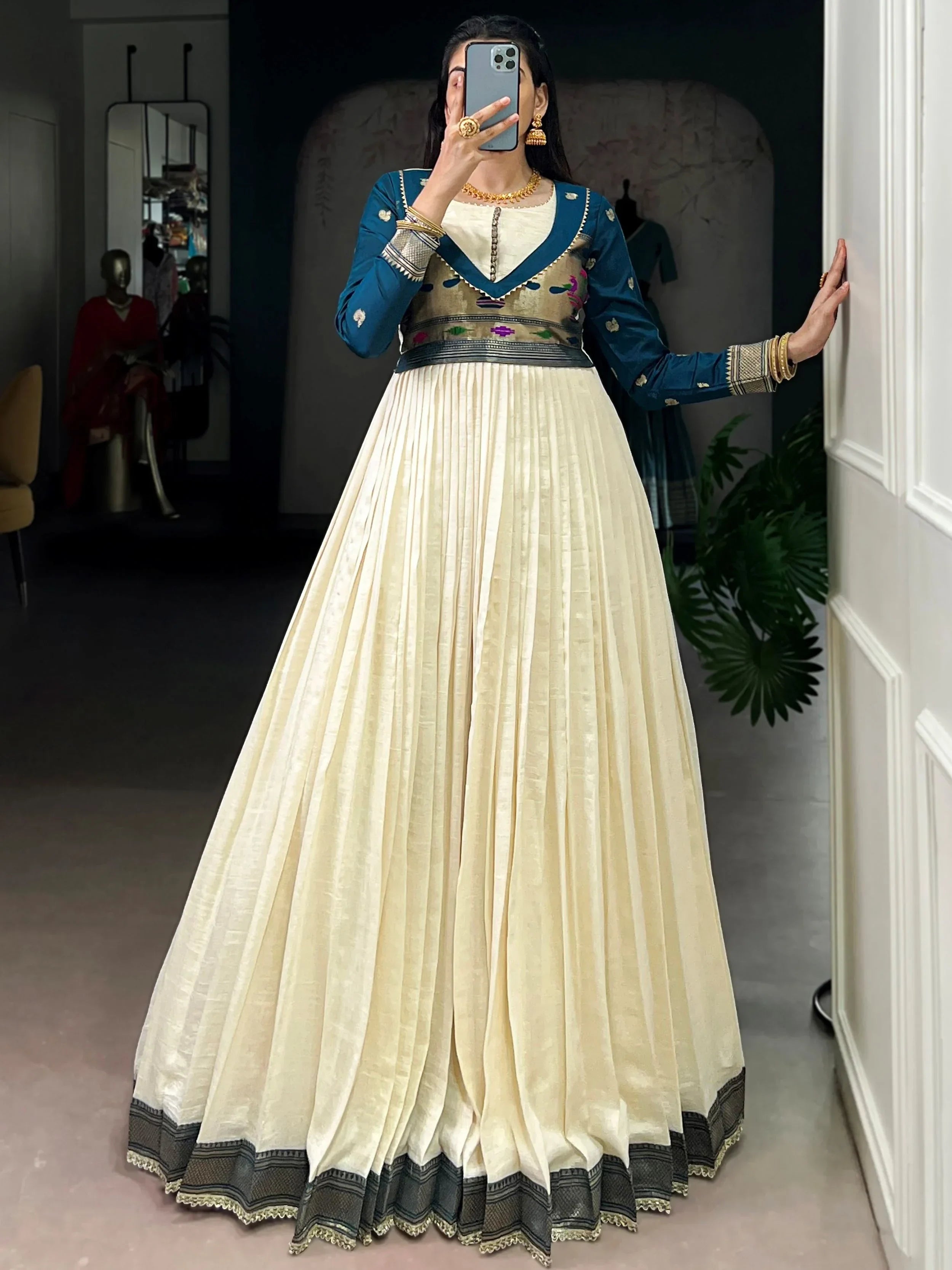Off White Graceful Off-Zari Weaving Silk Festival Wear Gown