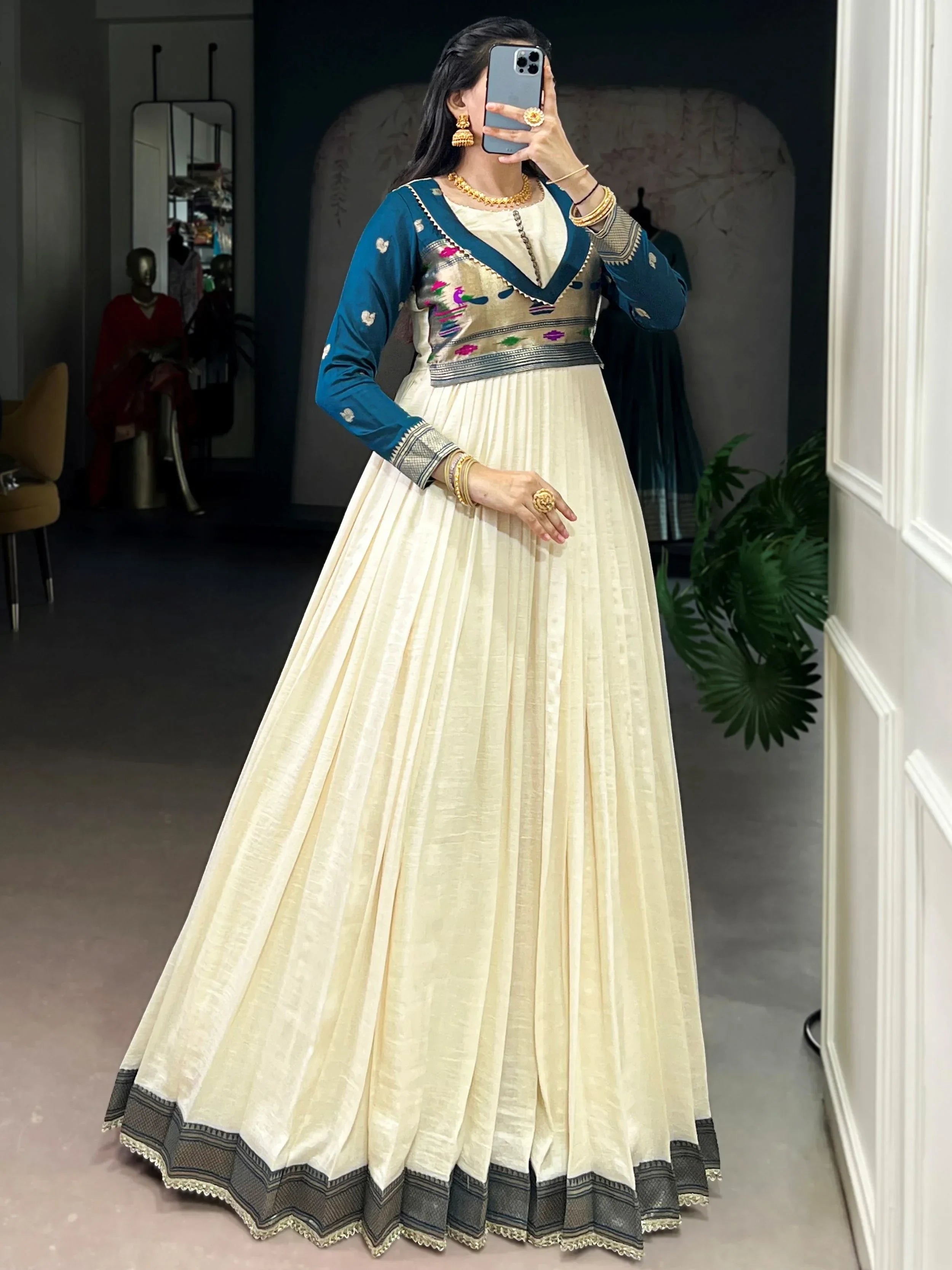 Off White Graceful Off-Zari Weaving Silk Festival Wear Gown
