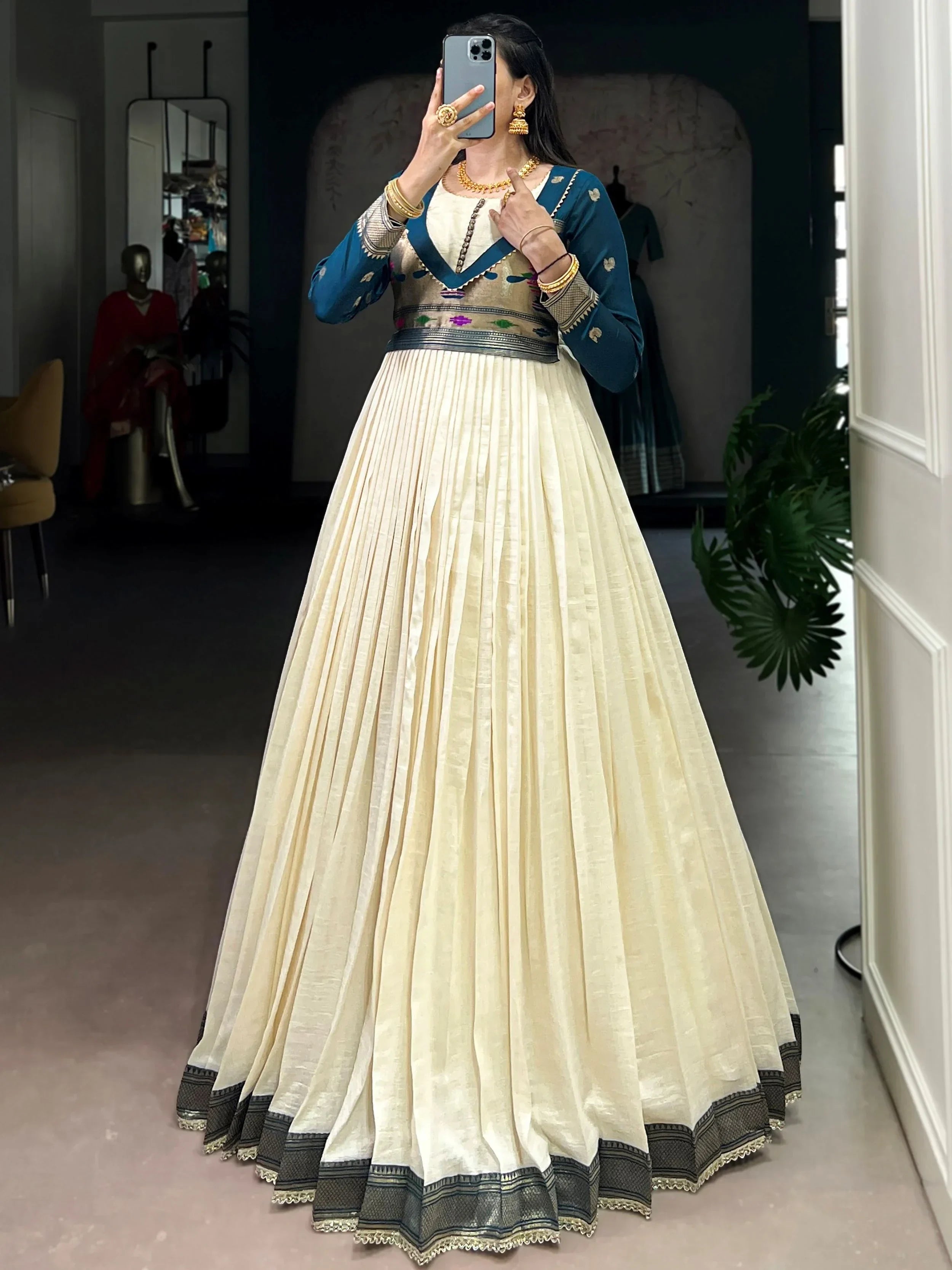 Off White Graceful Off-Zari Weaving Silk Festival Wear Gown