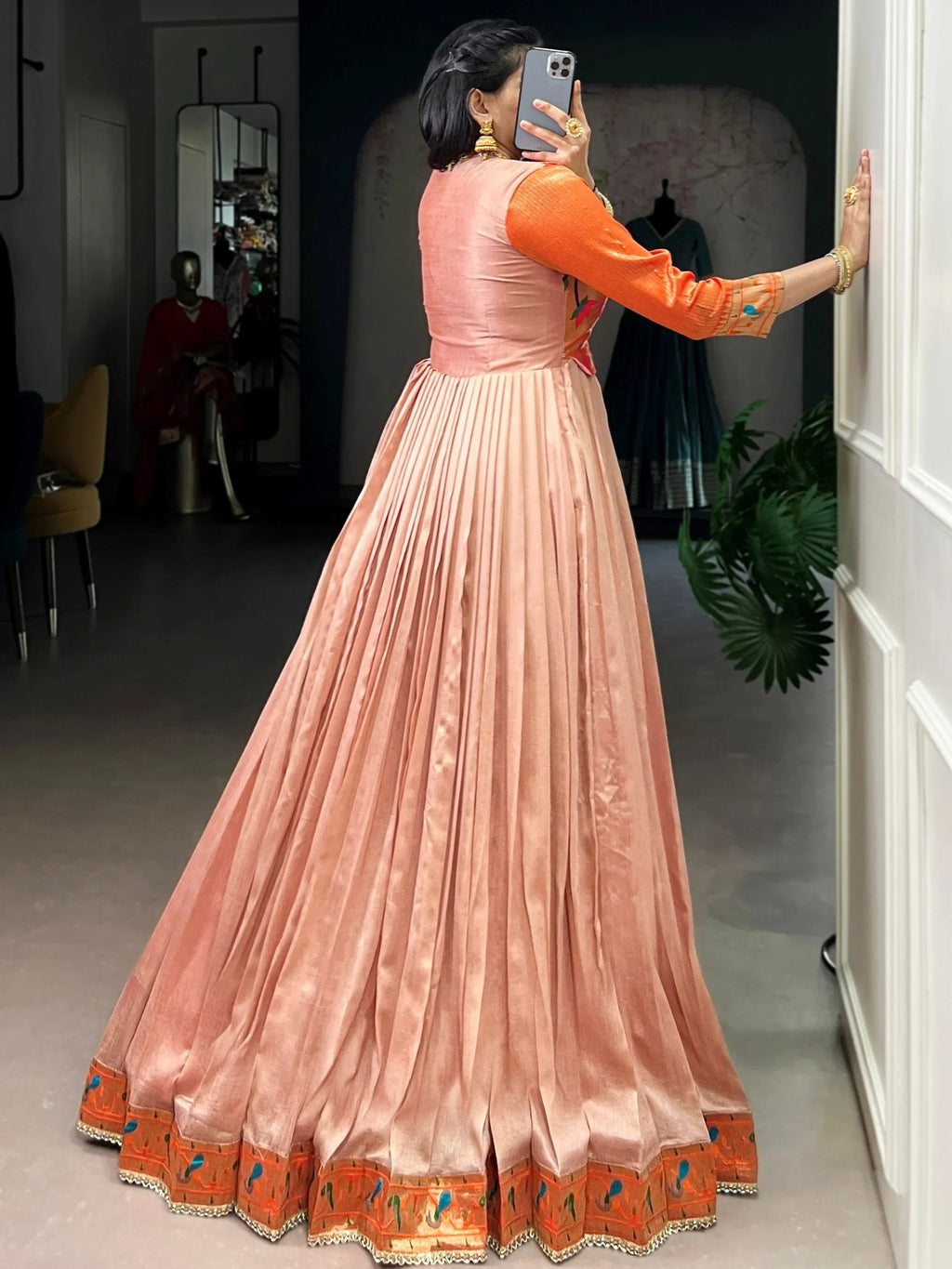 Peach Graceful Off-Zari Weaving Silk Festival Wear Gown