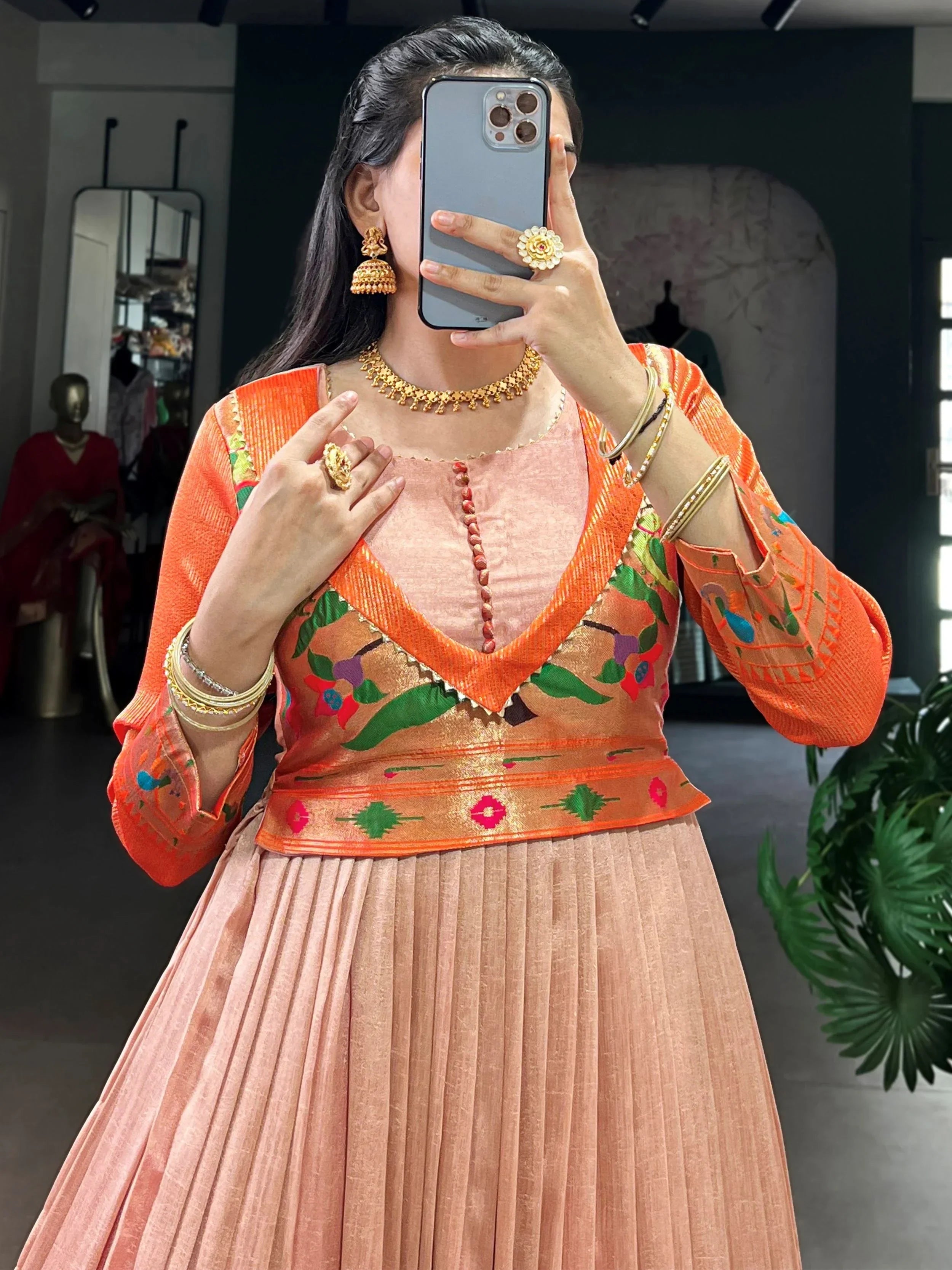 Peach Graceful Off-Zari Weaving Silk Festival Wear Gown