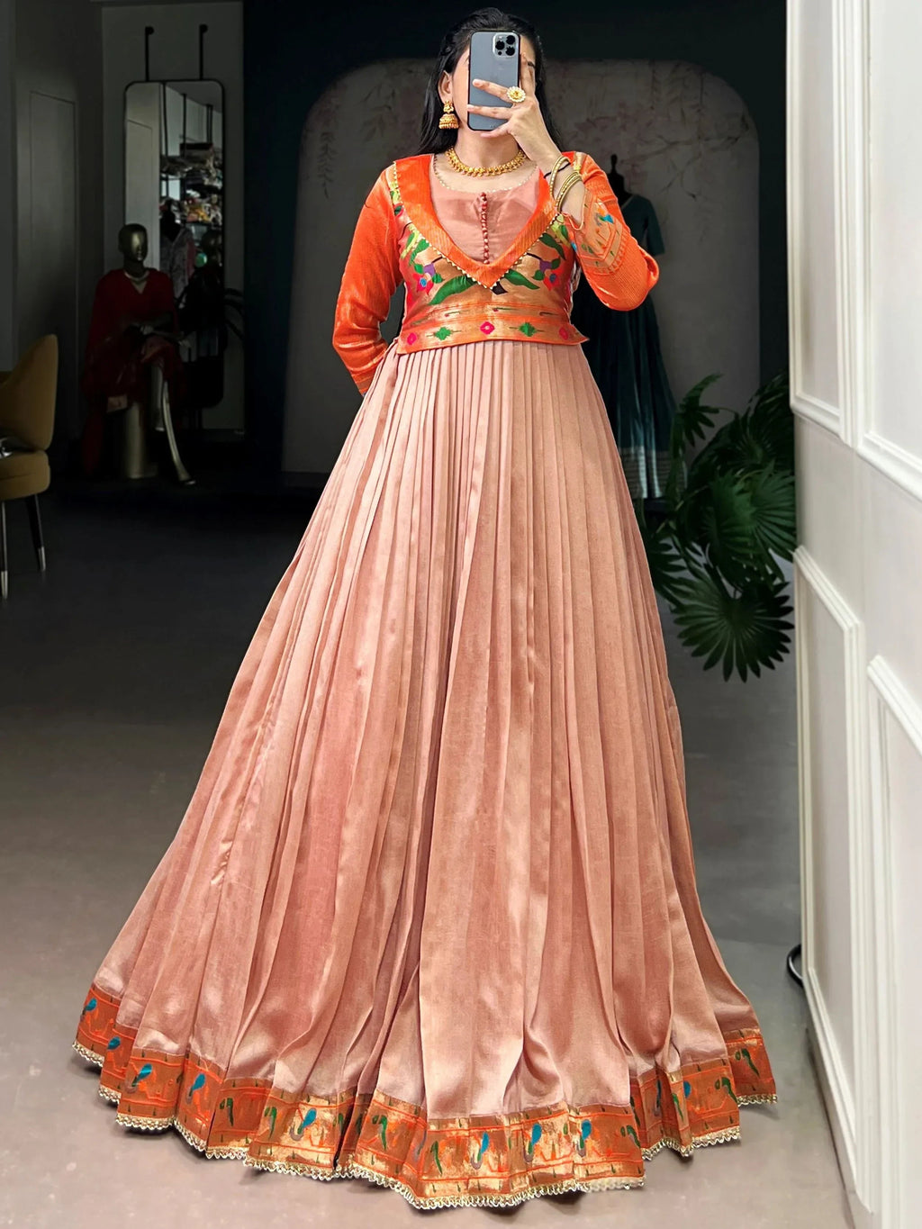 Peach Graceful Off-Zari Weaving Silk Festival Wear Gown