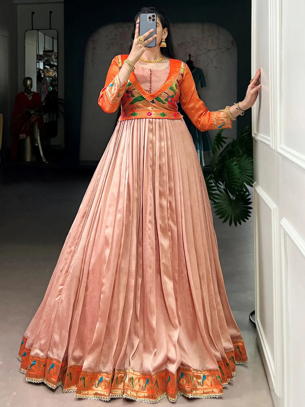 Peach Graceful Off-Zari Weaving Silk Festival Wear Gown