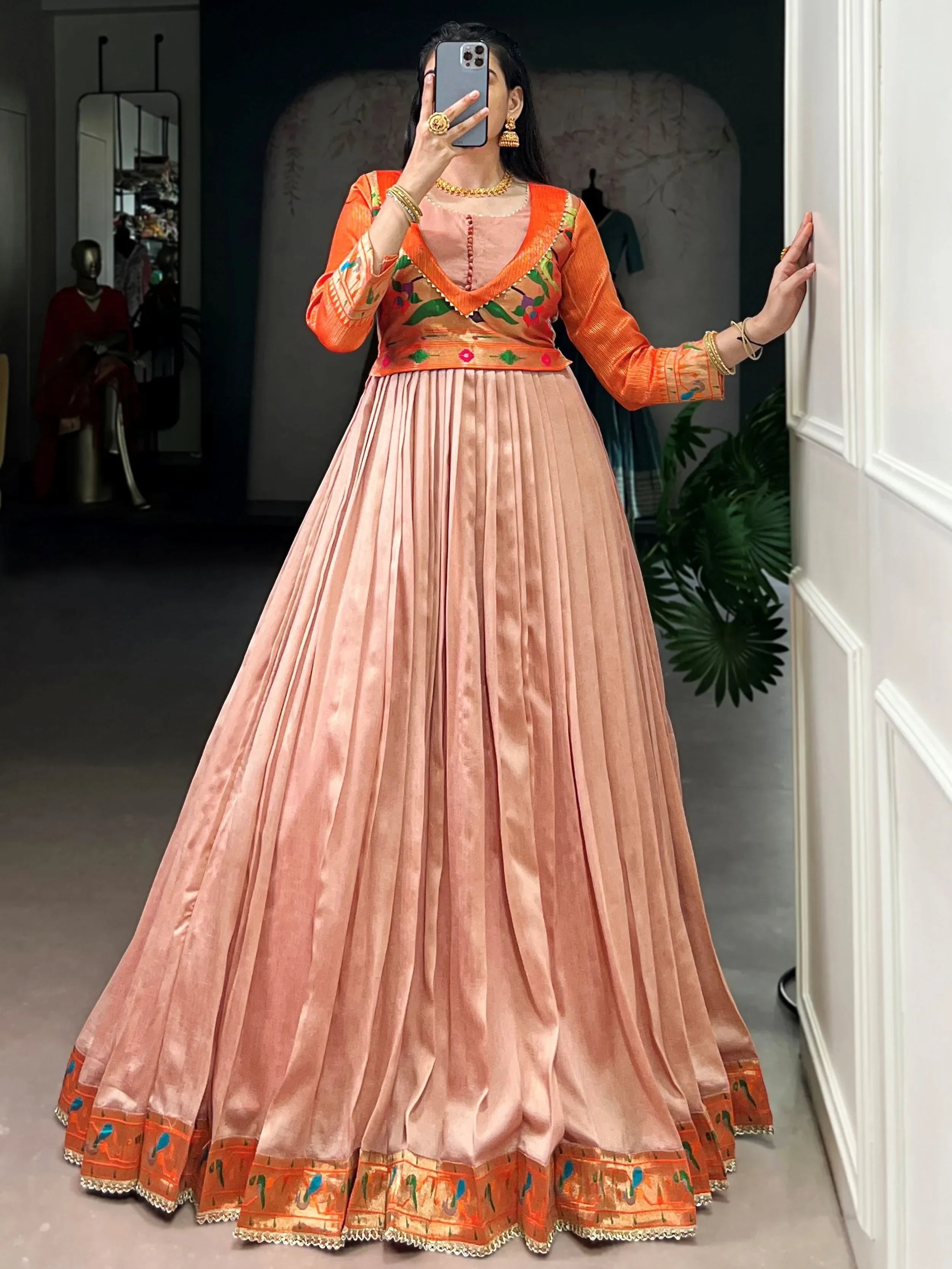 Peach Graceful Off-Zari Weaving Silk Festival Wear Gown