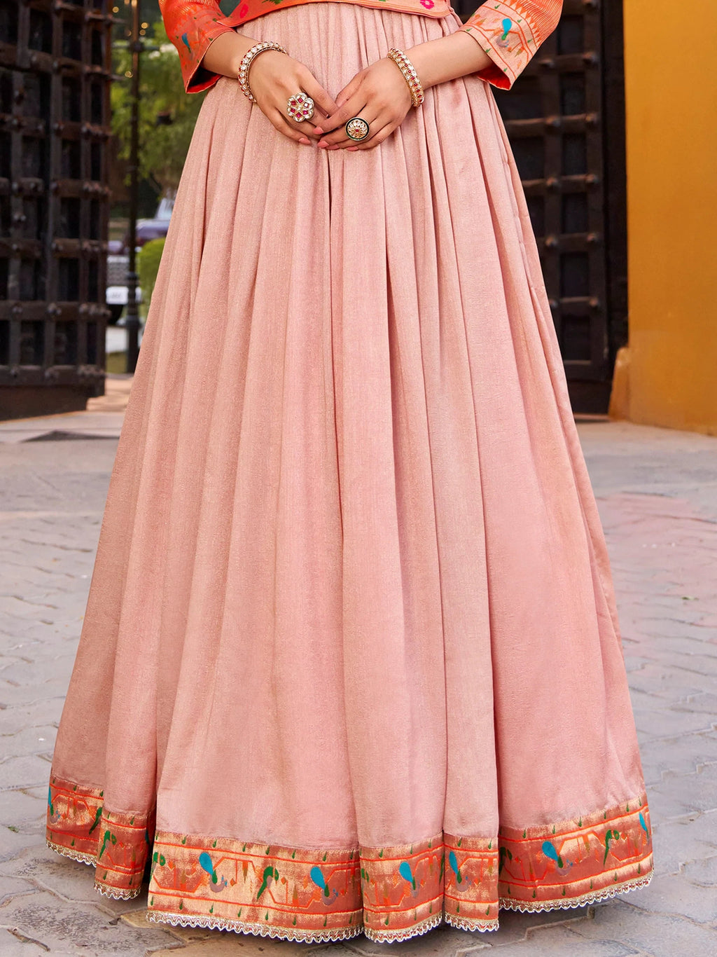Captivating Peach Zari Work Silk Engagement Wear Gown