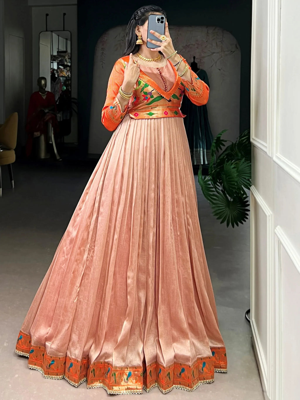 Peach Graceful Off-Zari Weaving Silk Festival Wear Gown