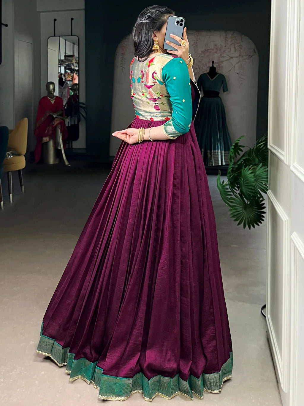 Wine Graceful Off-Zari Weaving Silk Festival Wear Gown