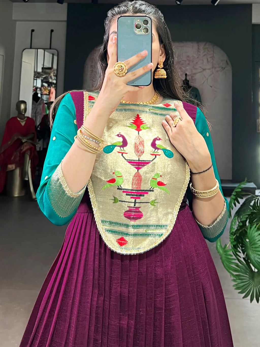 Wine Graceful Off-Zari Weaving Silk Festival Wear Gown