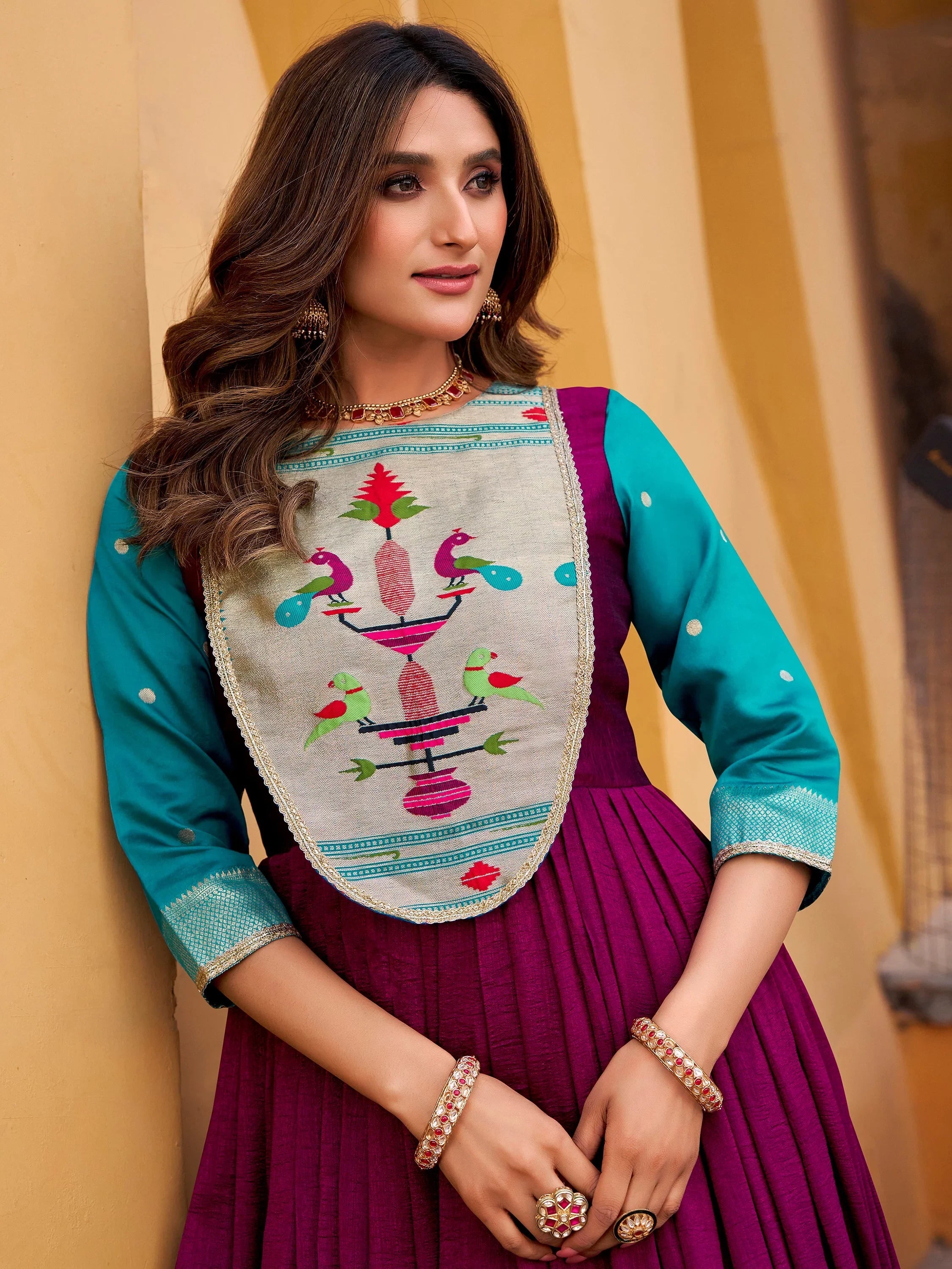 Marvelous Wine Zari Weaving Silk Wedding Wear Gown