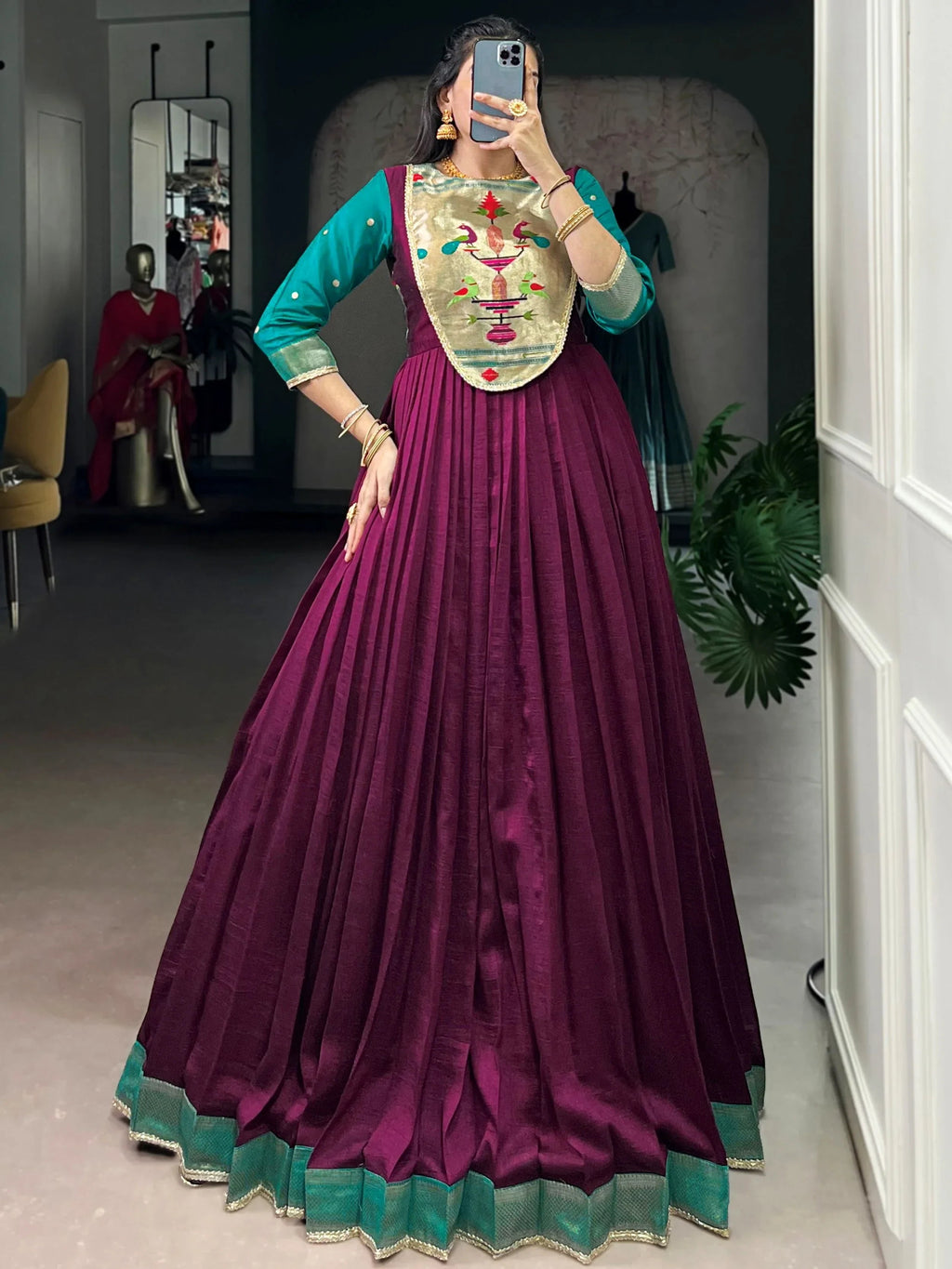 Wine Graceful Off-Zari Weaving Silk Festival Wear Gown
