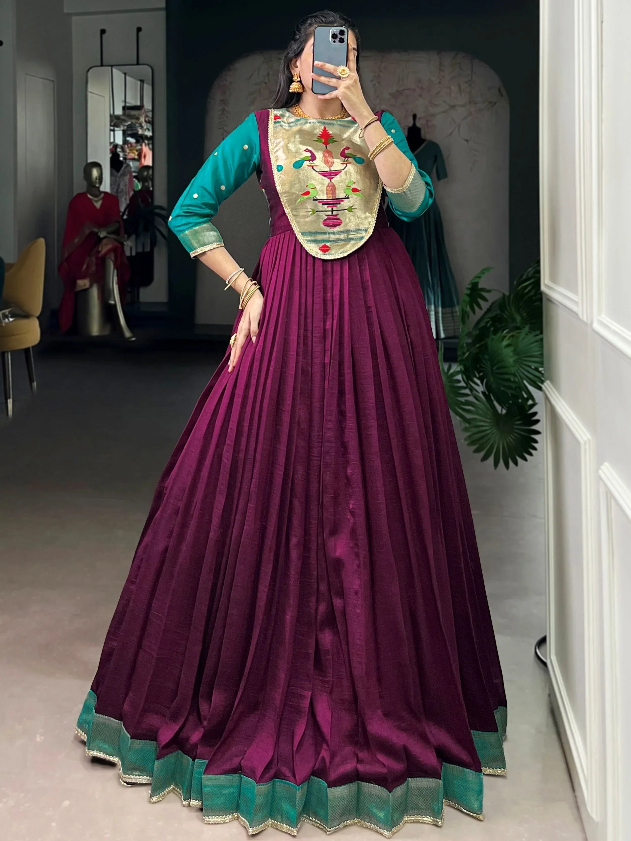 Wine Graceful Off-Zari Weaving Silk Festival Wear Gown