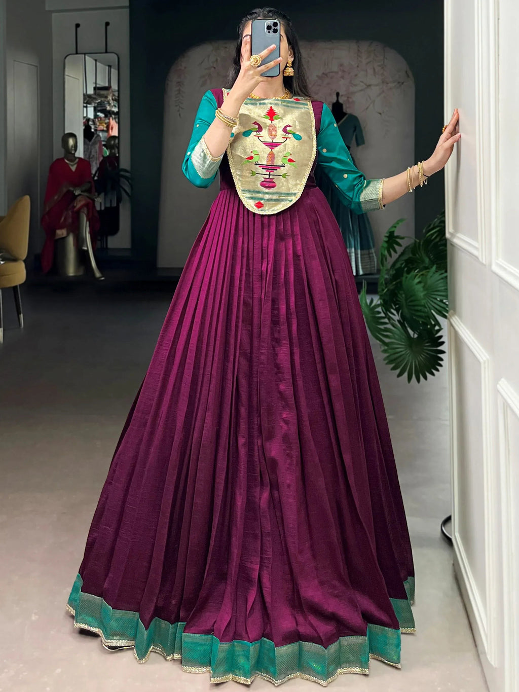 Wine Graceful Off-Zari Weaving Silk Festival Wear Gown