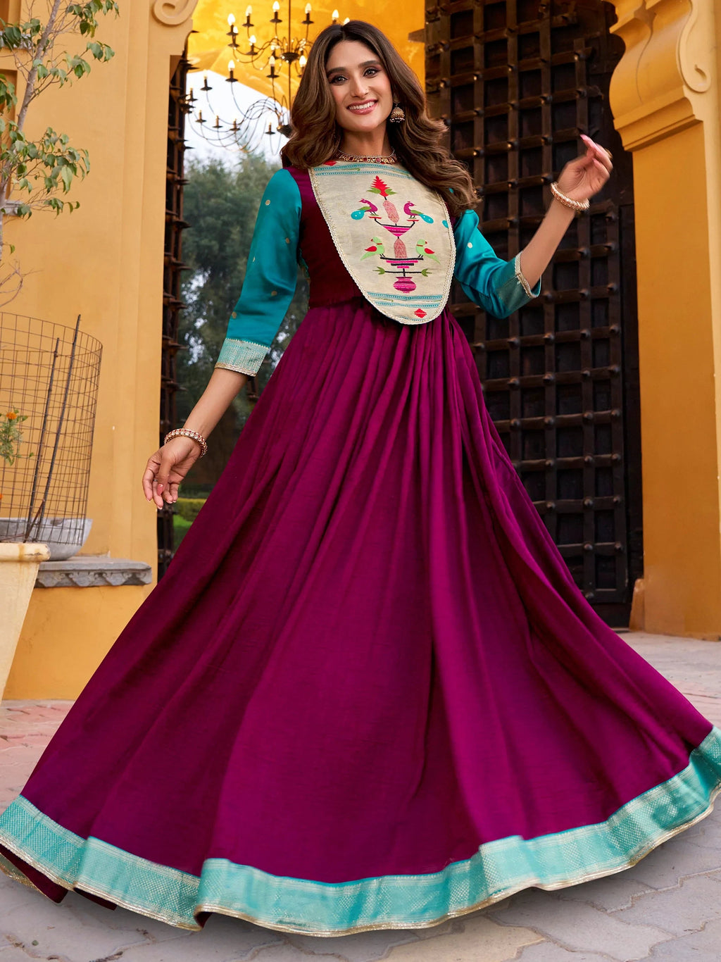Marvelous Wine Zari Weaving Silk Wedding Wear Gown