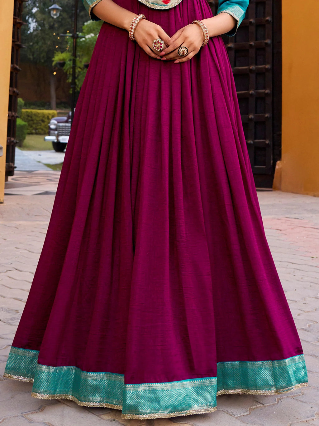 Marvelous Wine Zari Weaving Silk Wedding Wear Gown