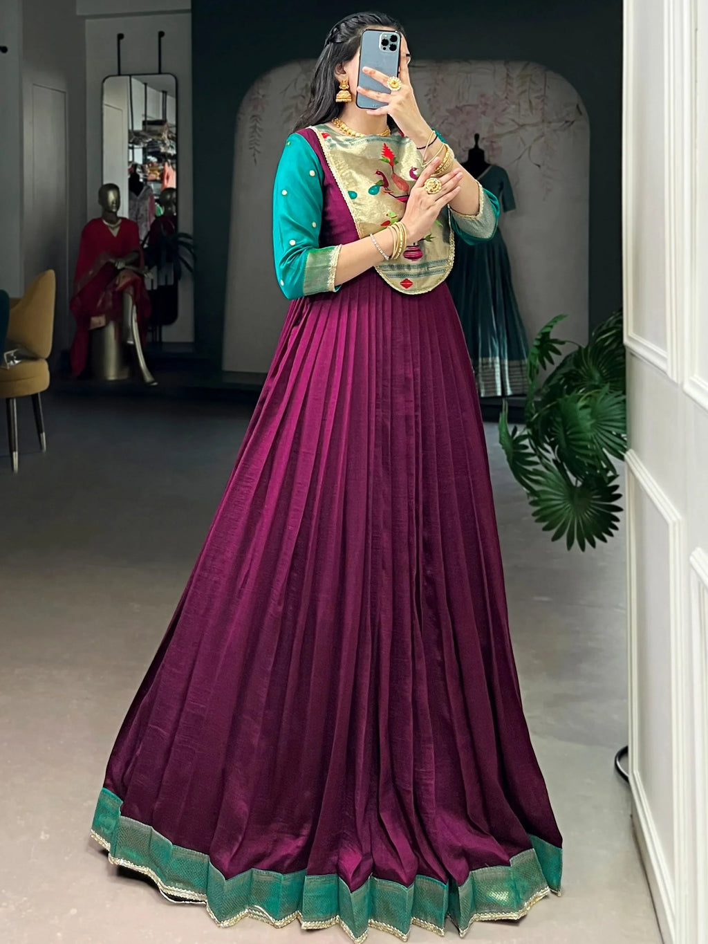 Wine Graceful Off-Zari Weaving Silk Festival Wear Gown