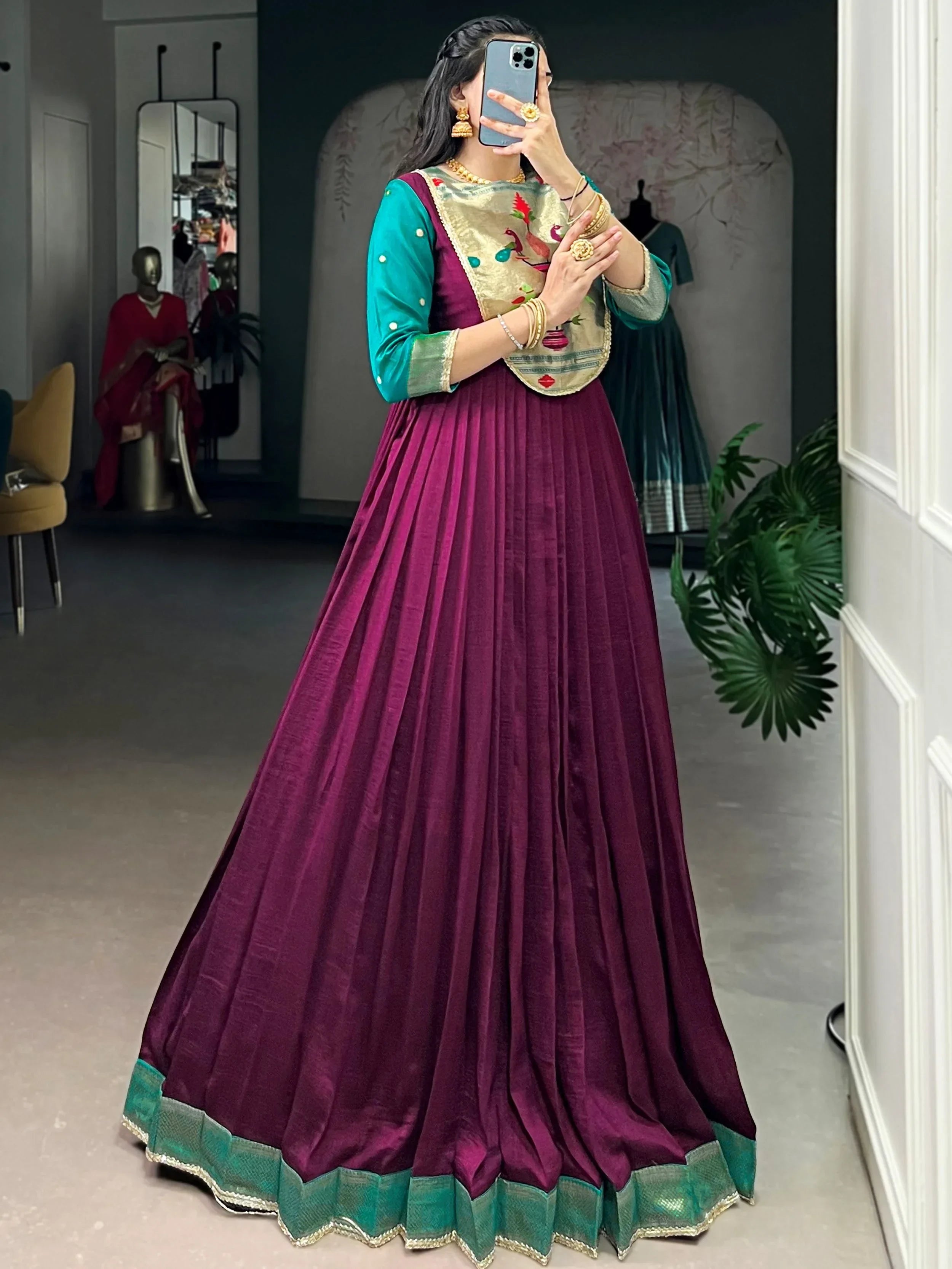 Wine Graceful Off-Zari Weaving Silk Festival Wear Gown