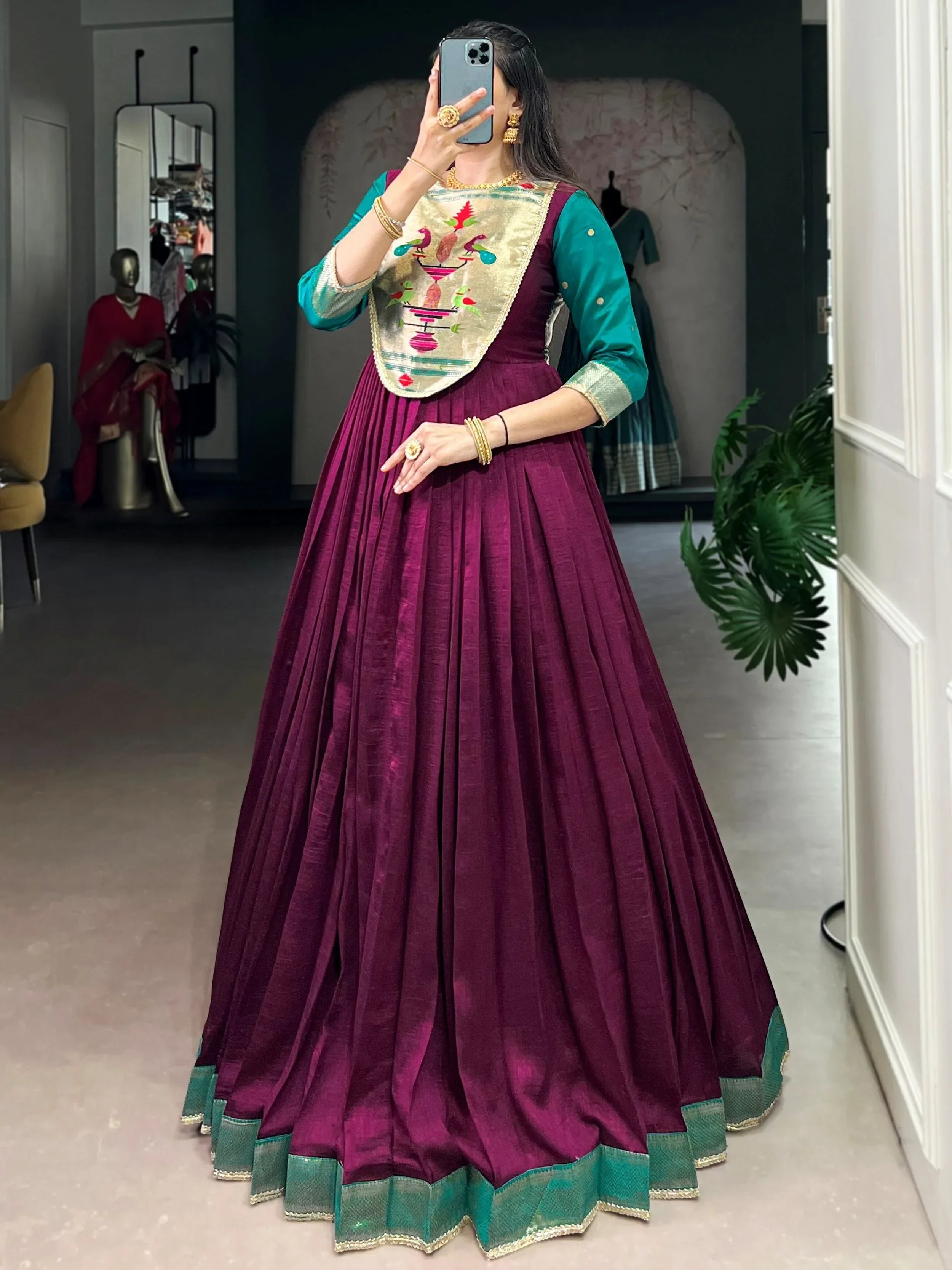 Wine Graceful Off-Zari Weaving Silk Festival Wear Gown