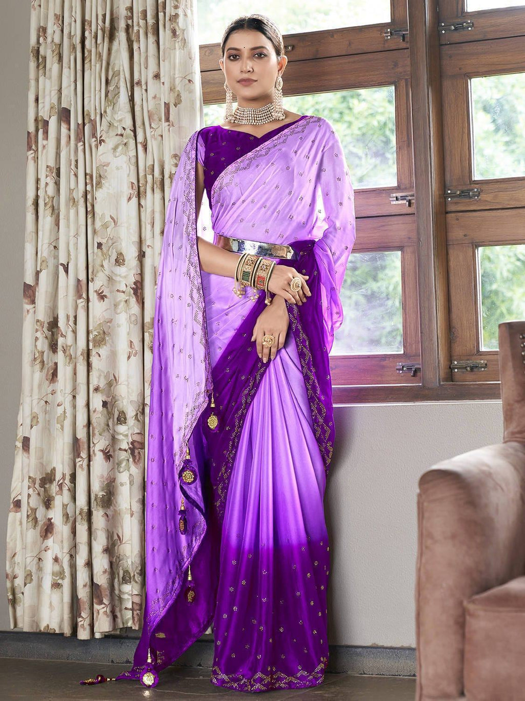 Delicate Purple Silk Swarovski Work Party Wear Saree With Blouse