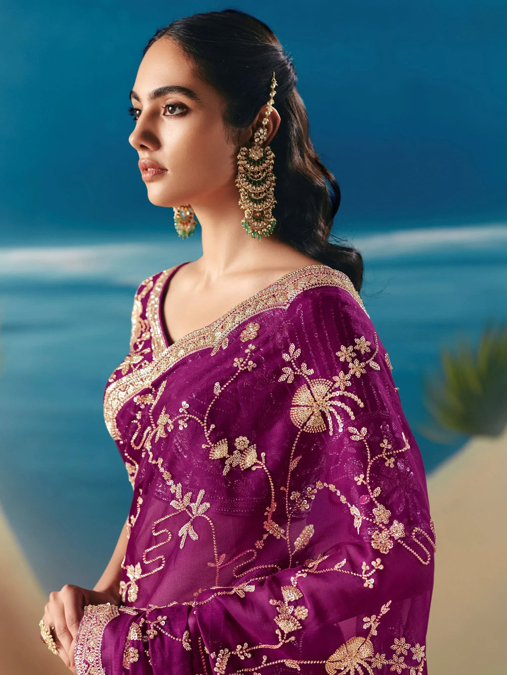 Fabulous Purple Sequins Georgette Wedding Wear Saree With Blouse
