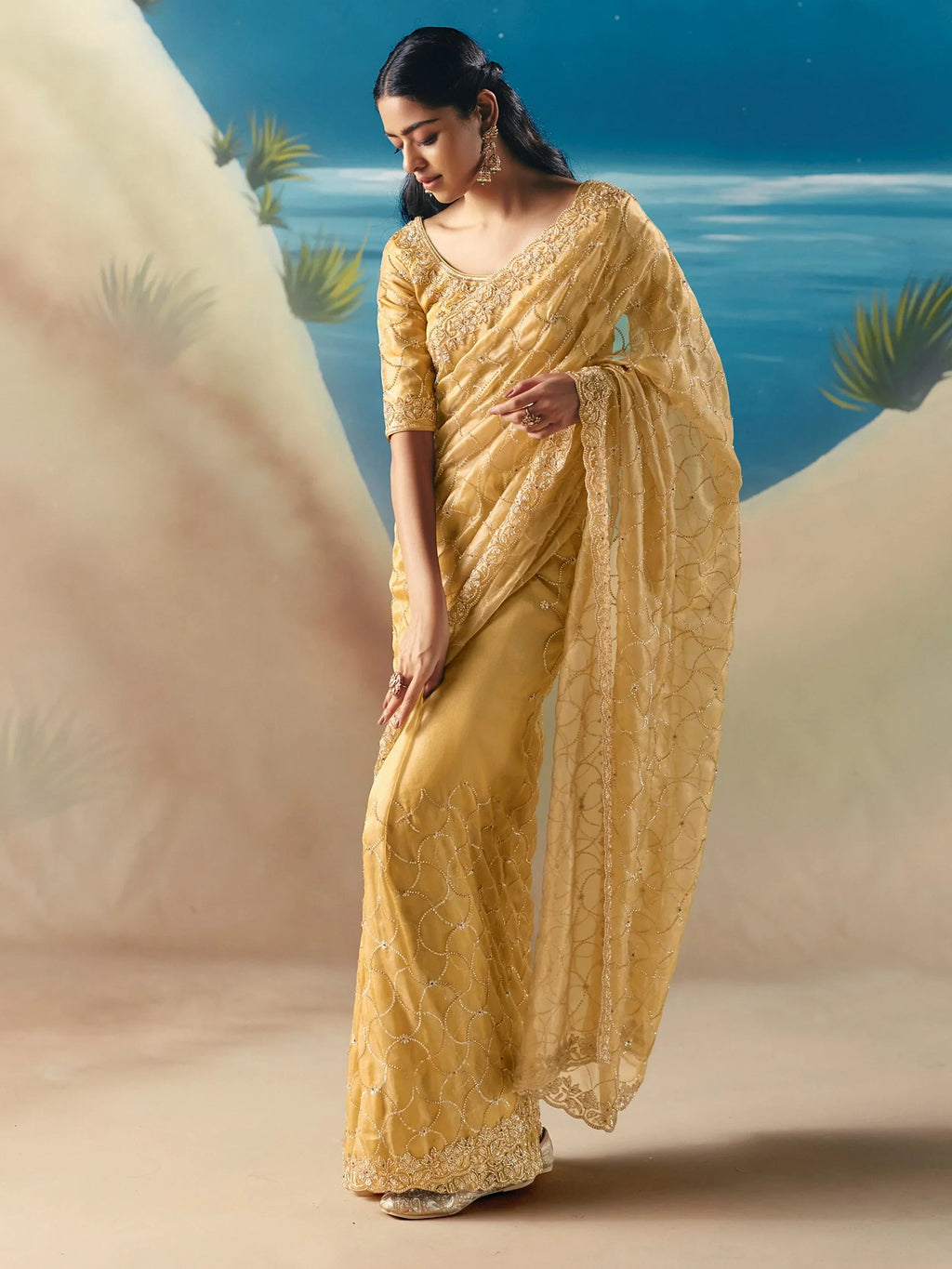 Adorable Golden Sequins Georgette Party Wear Saree With Blouse