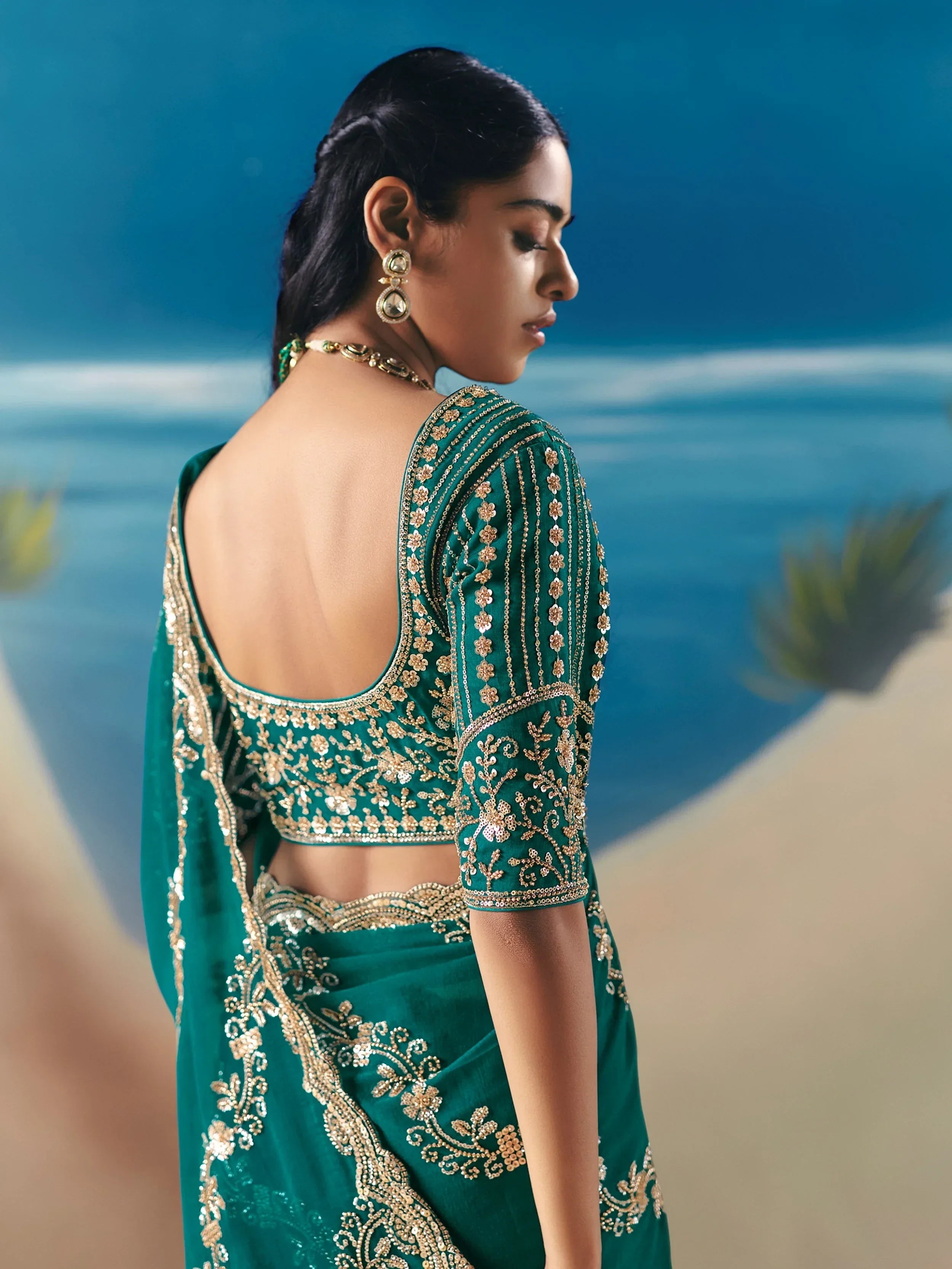 Alluring Green Sequins Georgette Party Wear Saree With Blouse