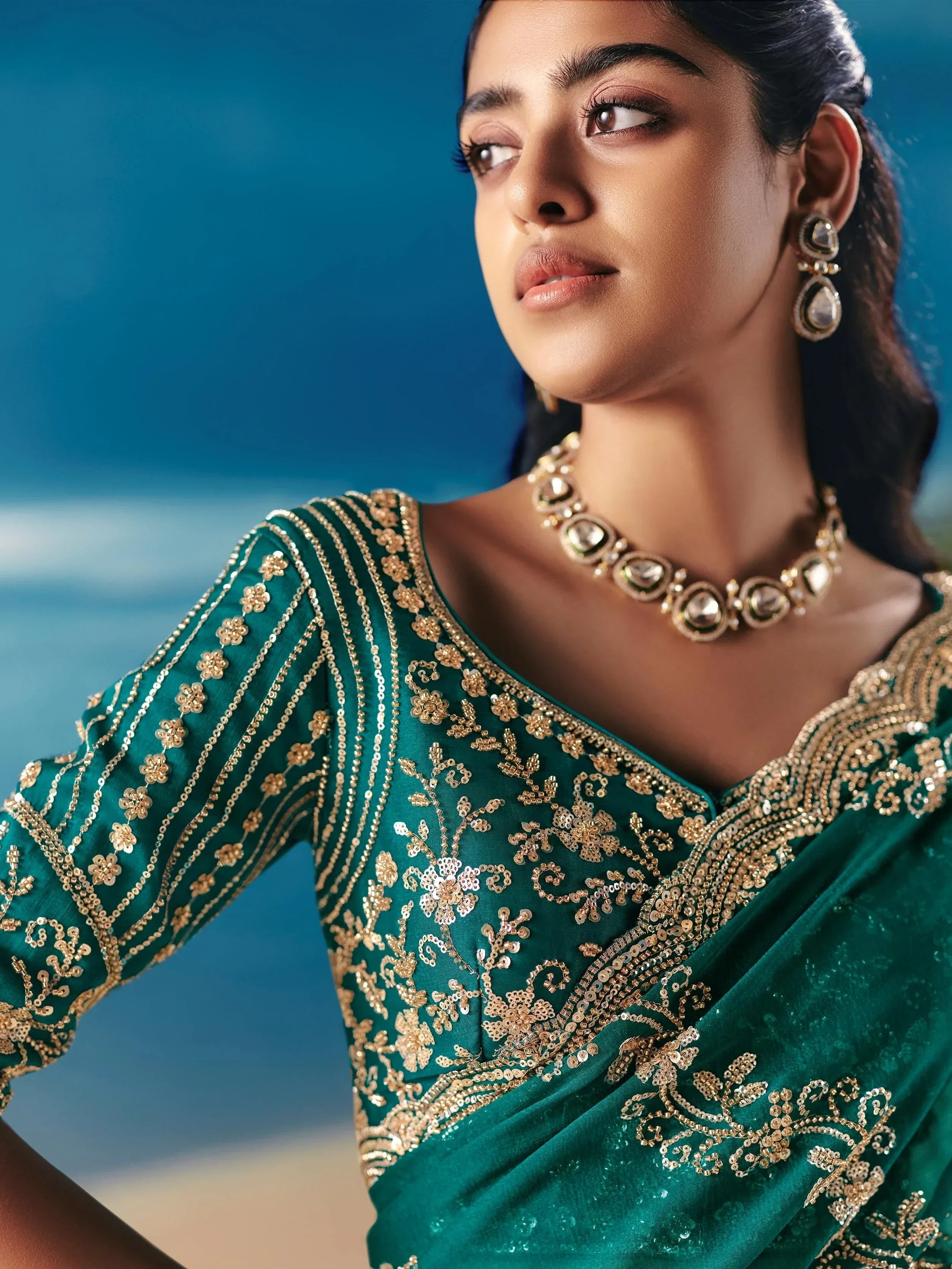 Alluring Green Sequins Georgette Party Wear Saree With Blouse