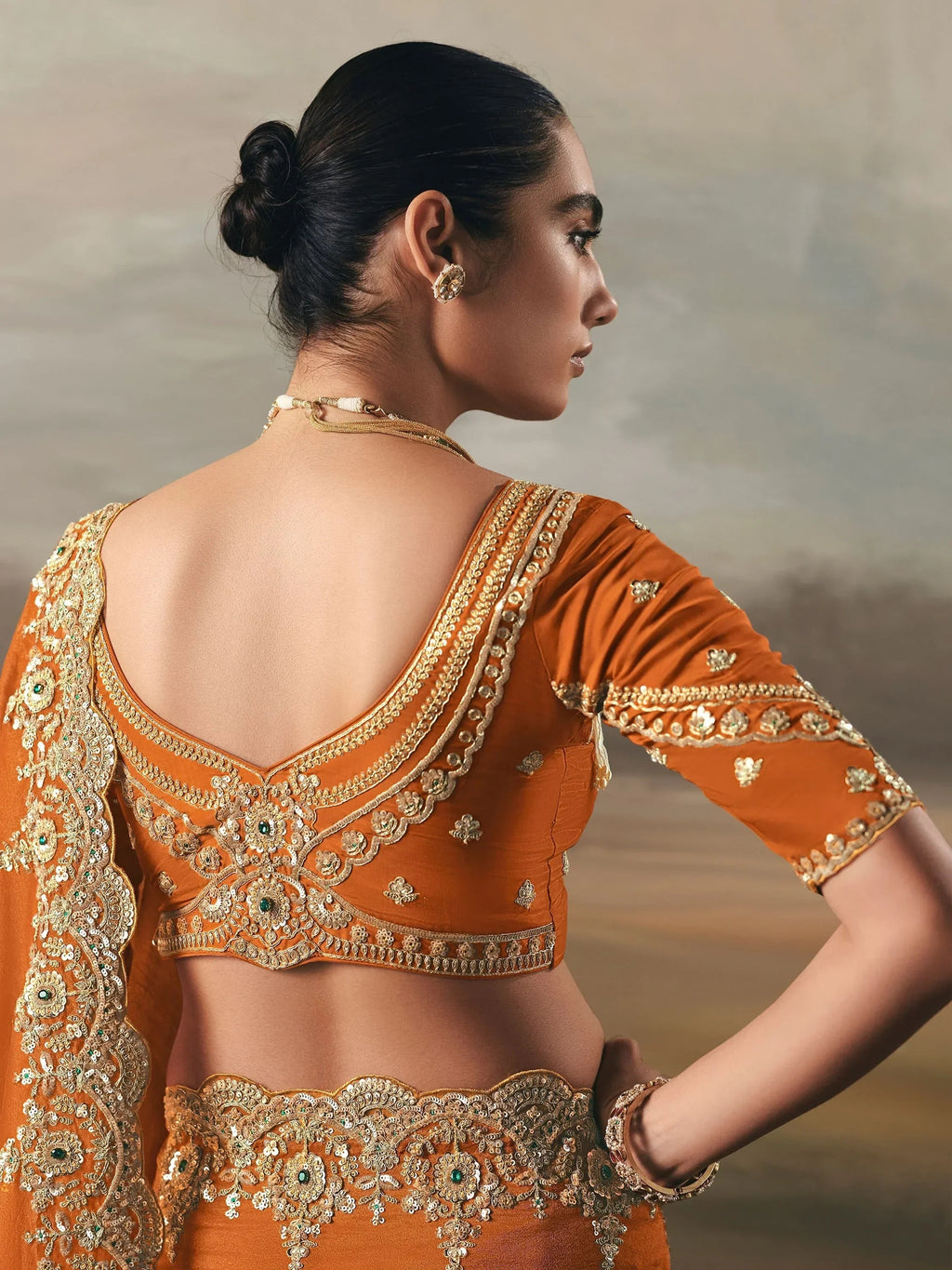 Beautiful Orange Diamond Work Silk Reception Wear Saree With Blouse