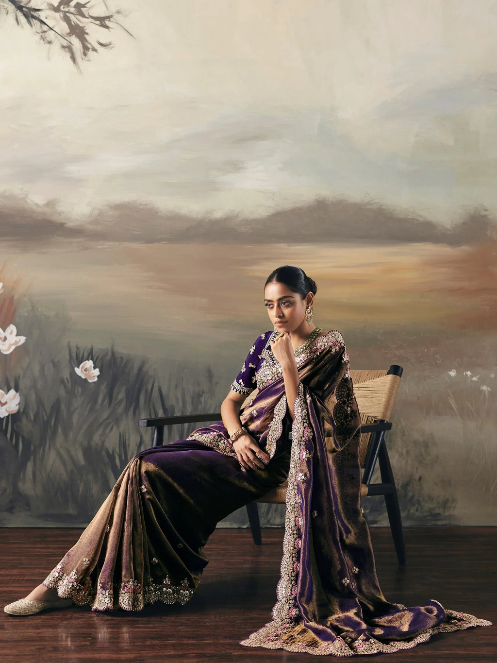 Stunning Brown Shaded Diamond Work Silk Party Wear Saree With Blouse