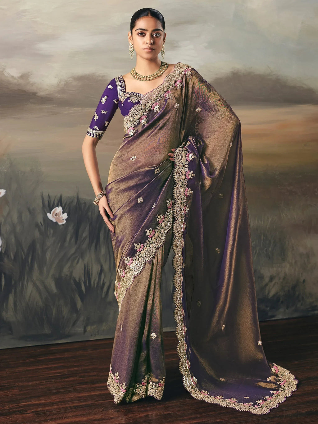 Stunning Brown Shaded Diamond Work Silk Party Wear Saree With Blouse